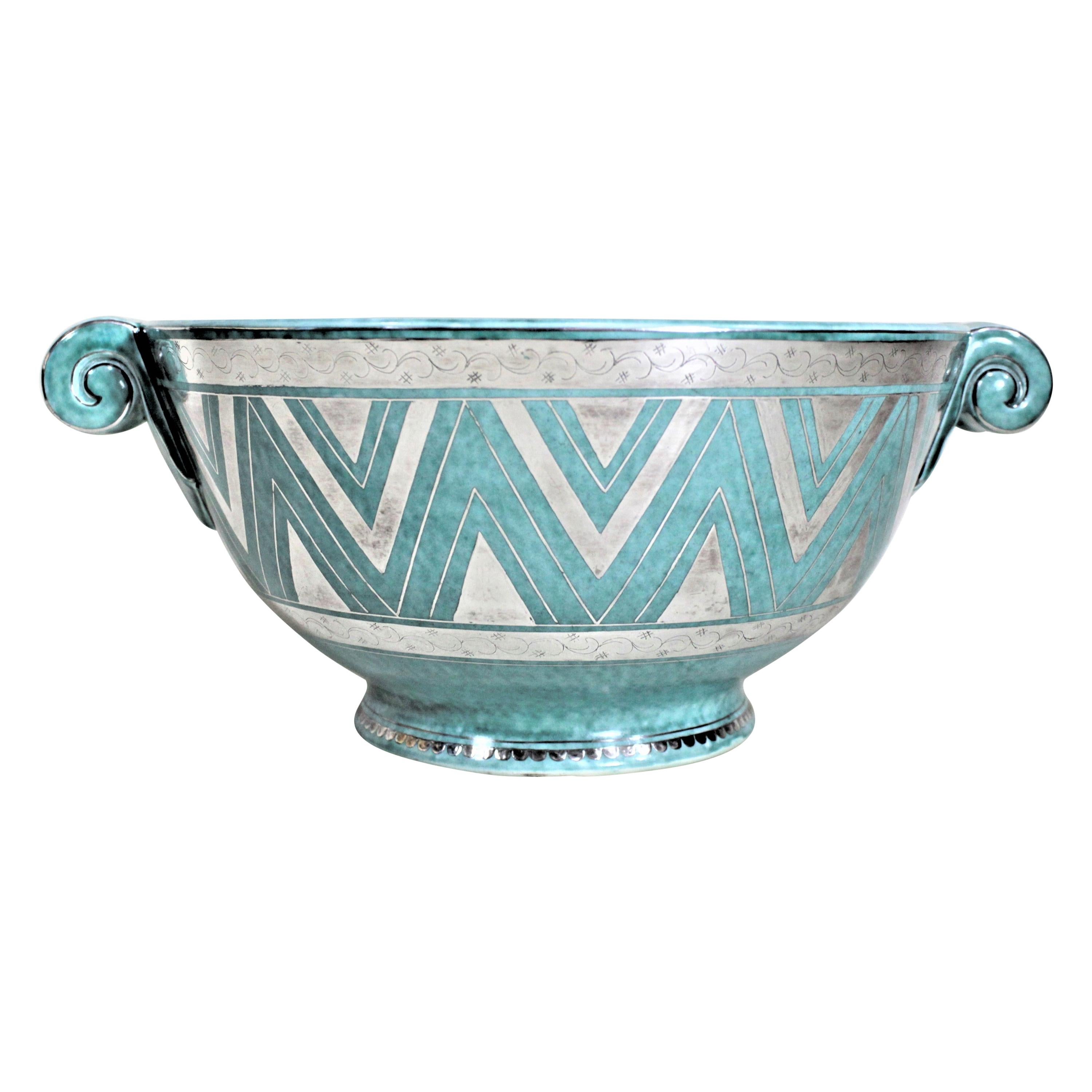 Large Argenta W. Kage for Gustavsberg Art Deco Pottery Bowl with Applied Silver For Sale