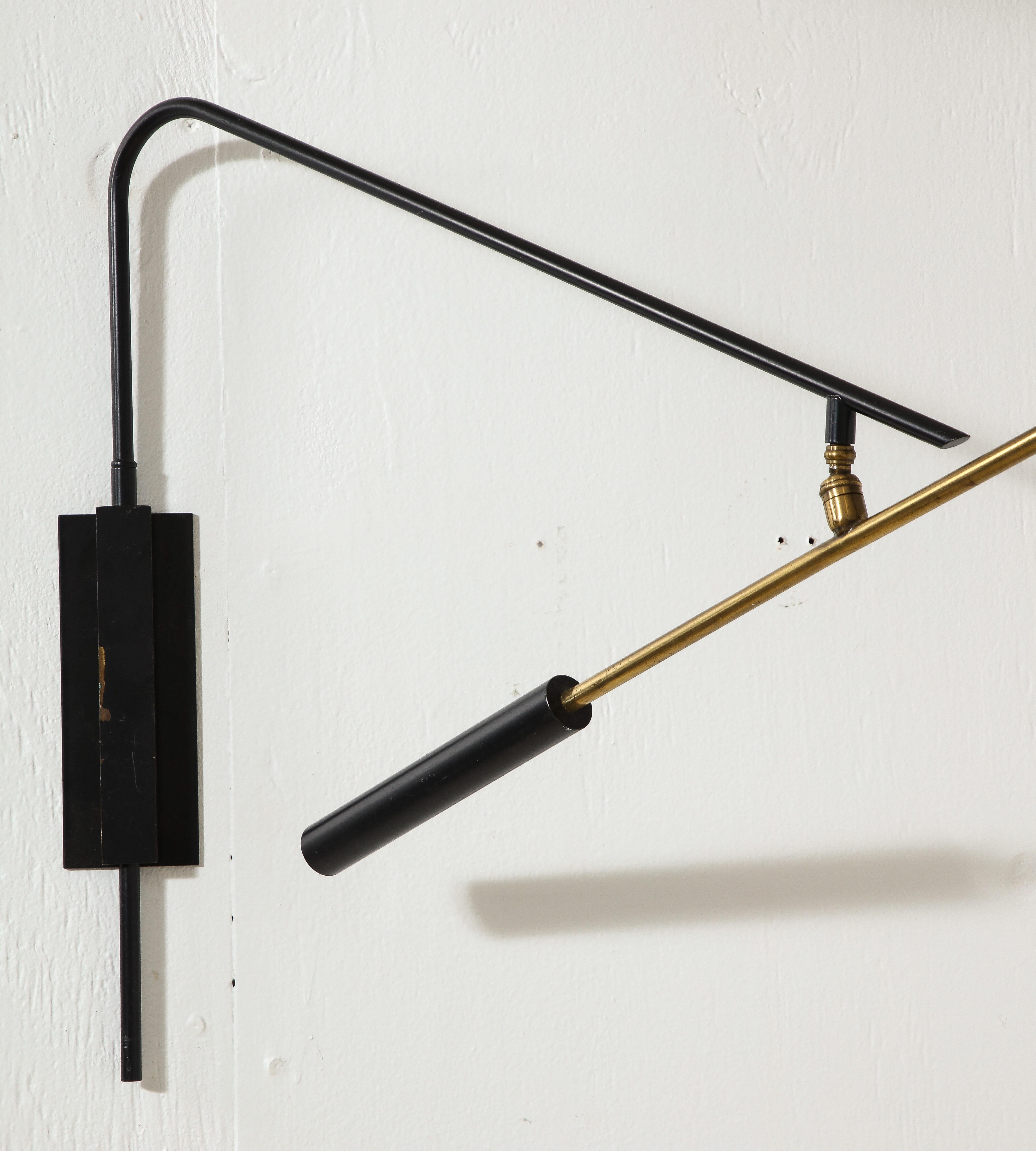 Mid-Century Modern Large Arlus Black Steel & Brass Double Swing Arm Sconce, France 1960's For Sale