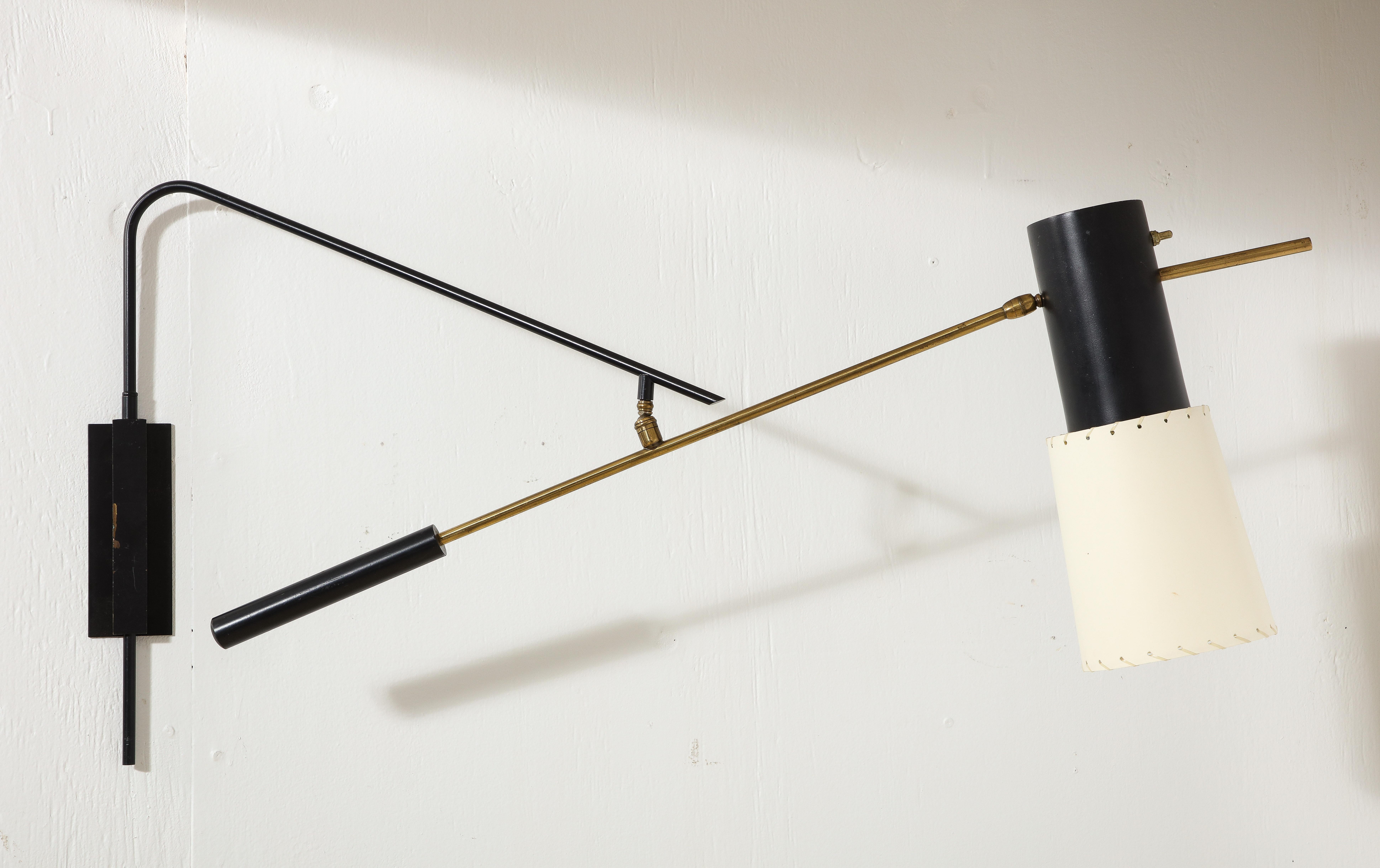 Large Arlus Black Steel & Brass Double Swing Arm Sconce, France 1960's In Good Condition For Sale In New York, NY