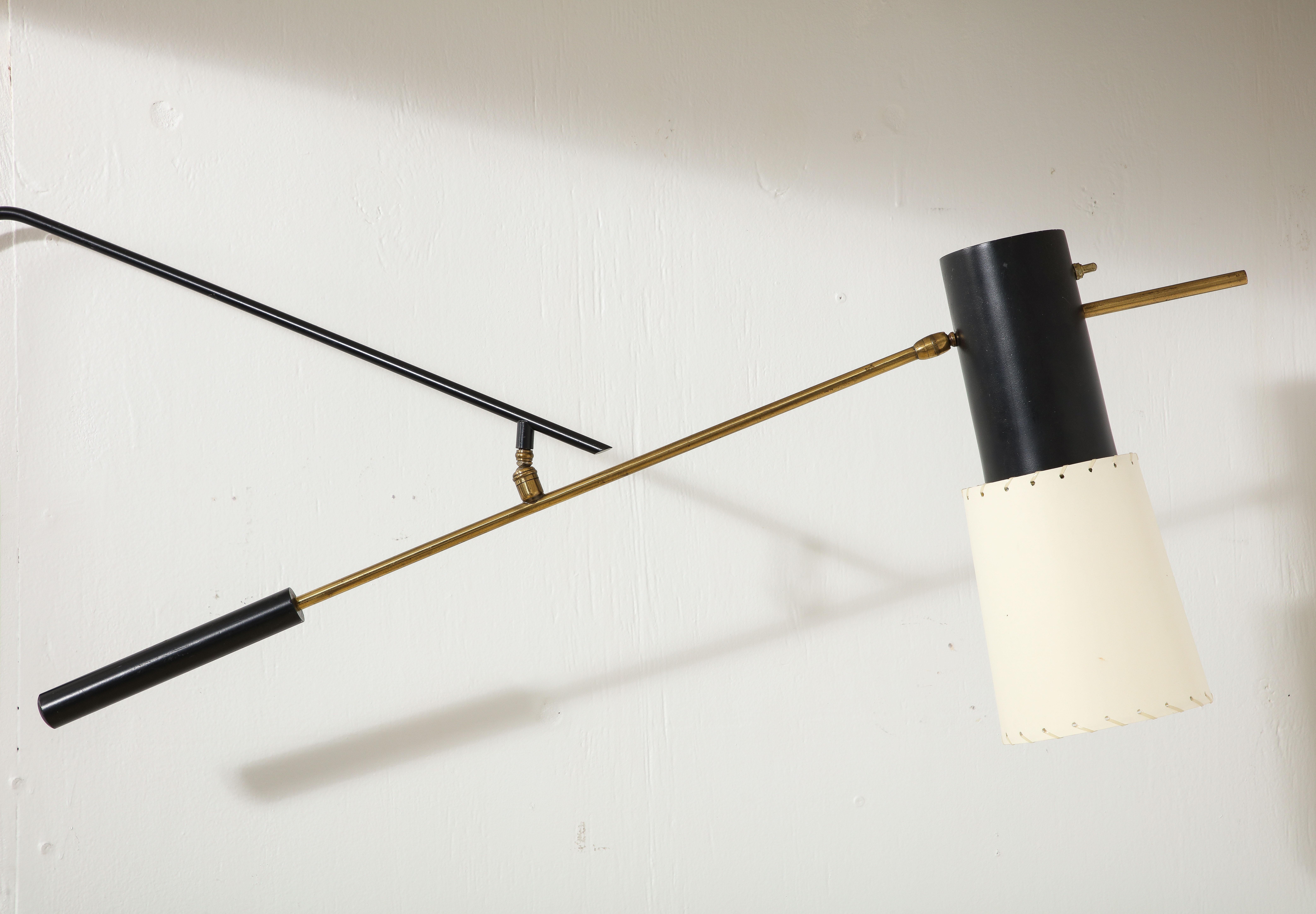 20th Century Large Arlus Black Steel & Brass Double Swing Arm Sconce, France 1960's For Sale
