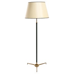 Large Arlus Bronze Floor Lamp in Green Leather, France 1950's