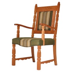 Large Arm Chair in Carved Oak & Traditional "Olmerdug" Fabric by Henry Kjærnulff
