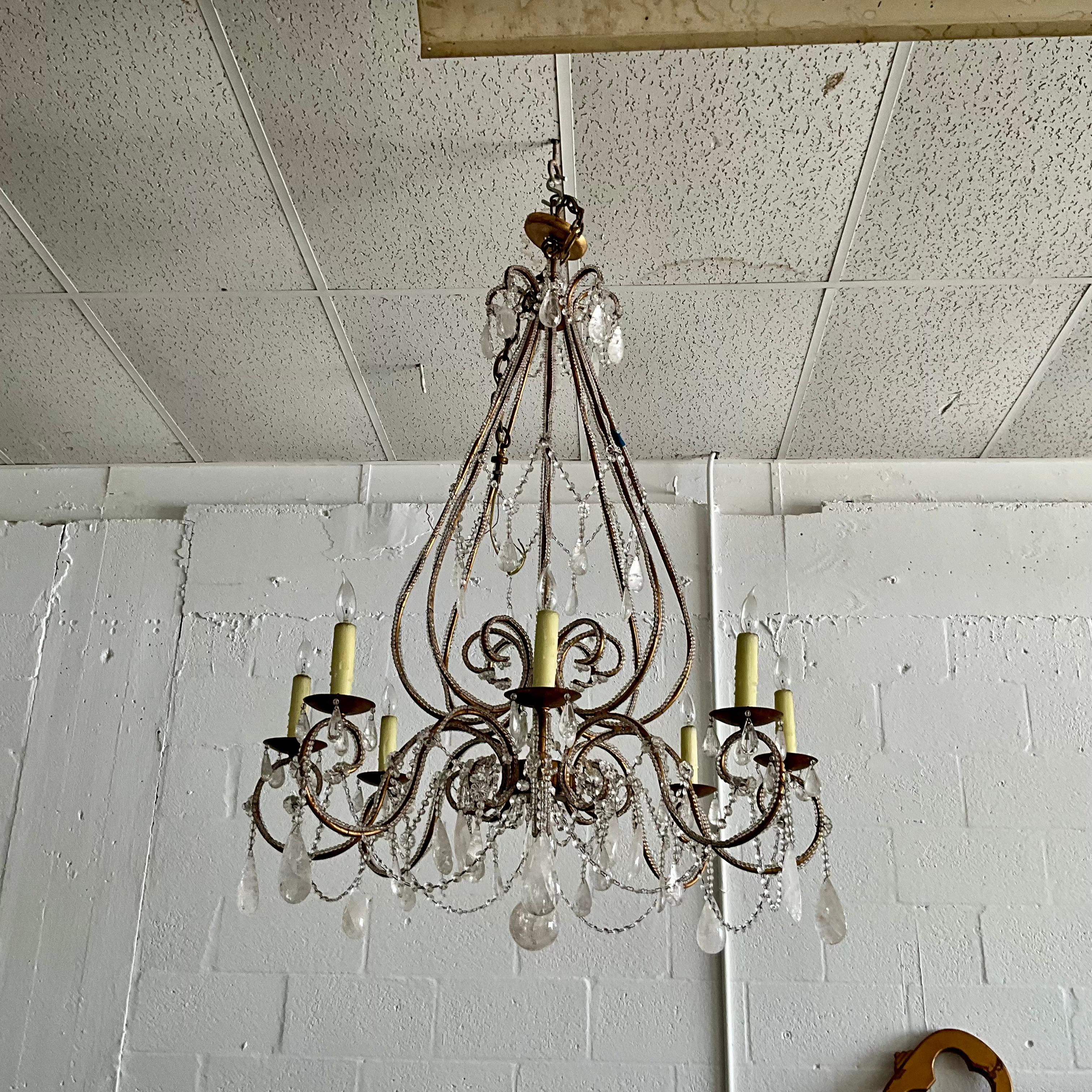 Large 8 Arm Venetian Tole and Rock Crystal Chandelier For Sale 2