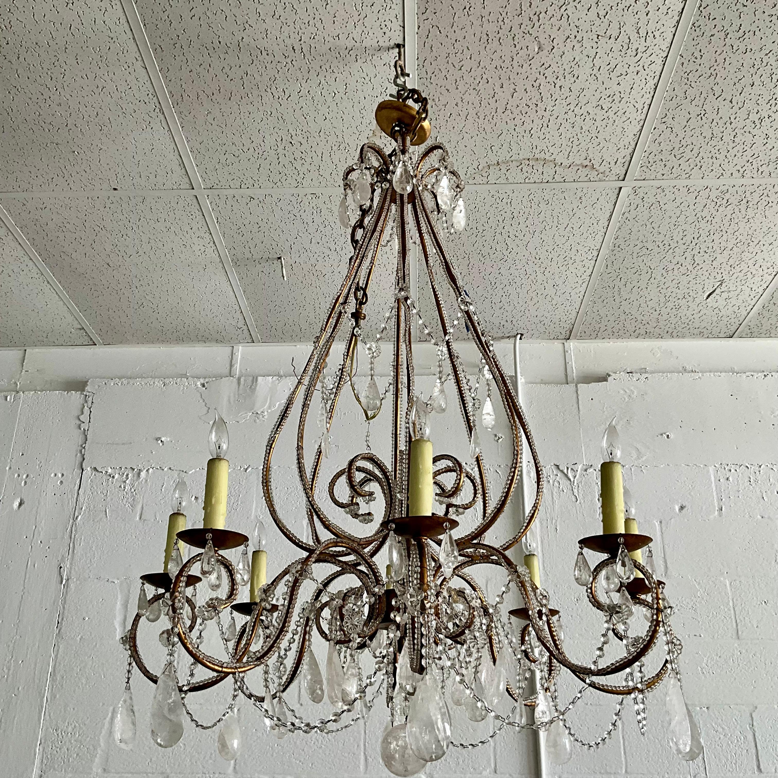 Rococo Revival Large 8 Arm Venetian Tole and Rock Crystal Chandelier For Sale
