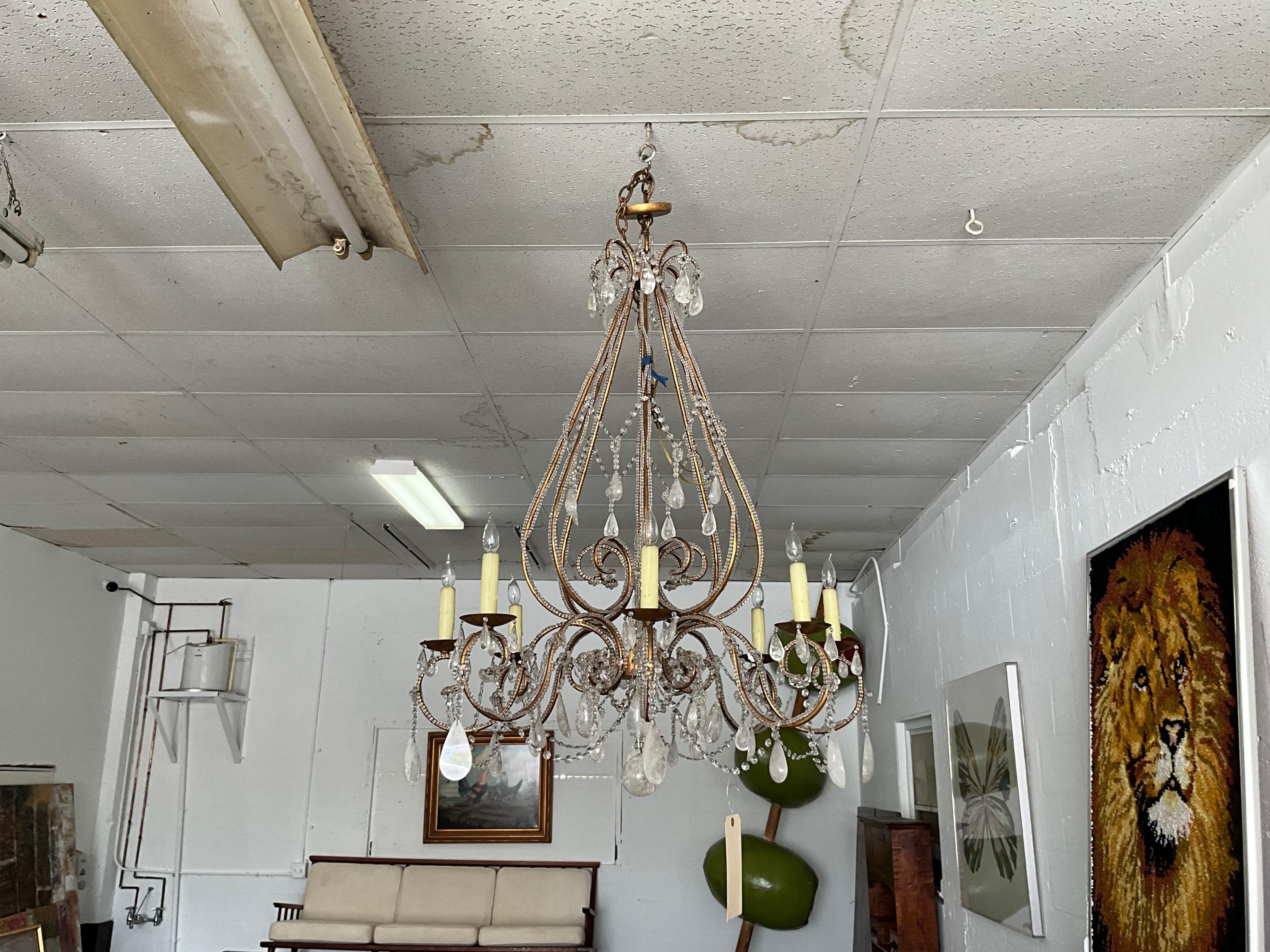 Metal Large 8 Arm Venetian Tole and Rock Crystal Chandelier For Sale