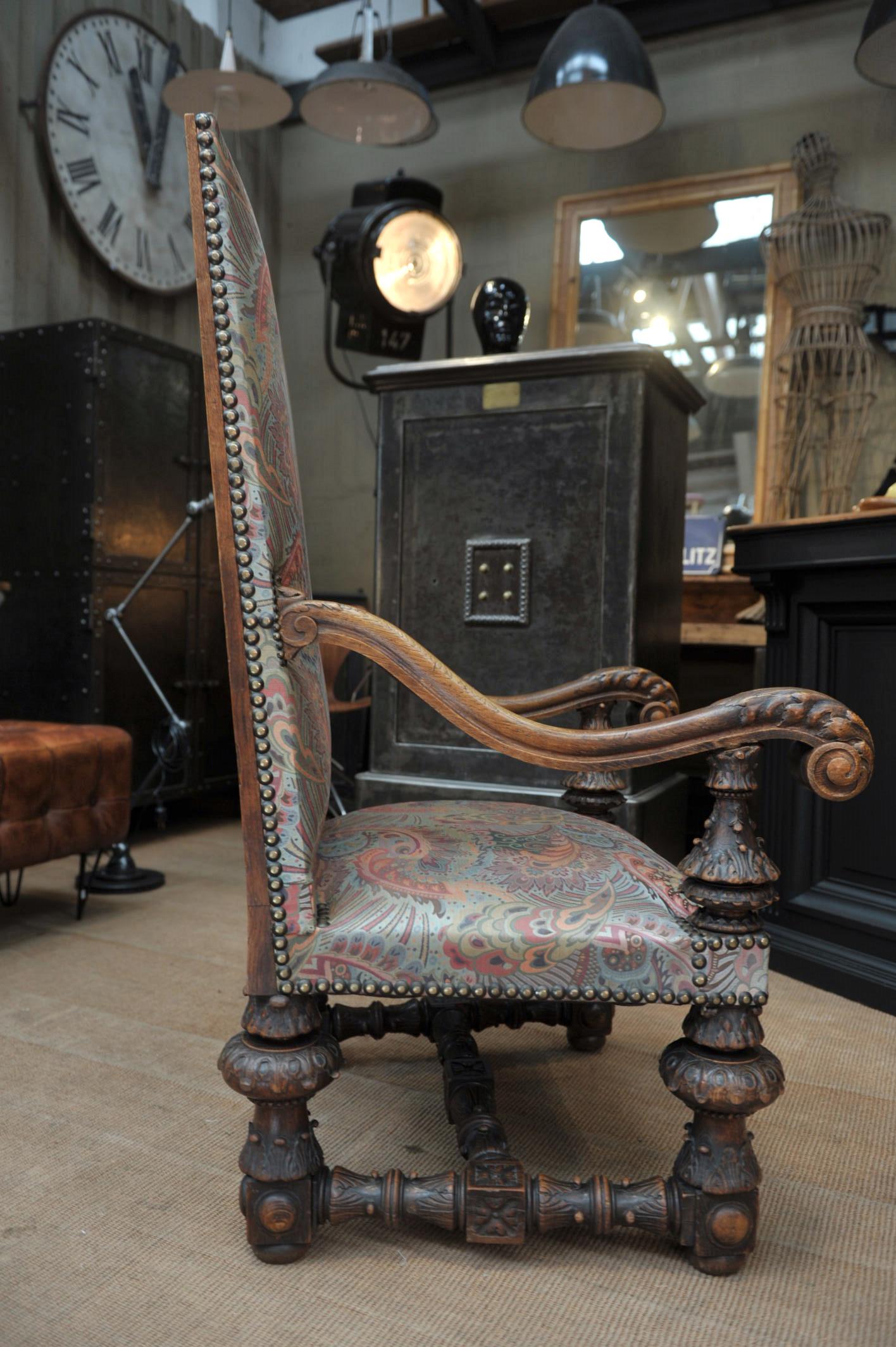 Large Armchair in Solid Oak Newly Reupholstered For Sale 3