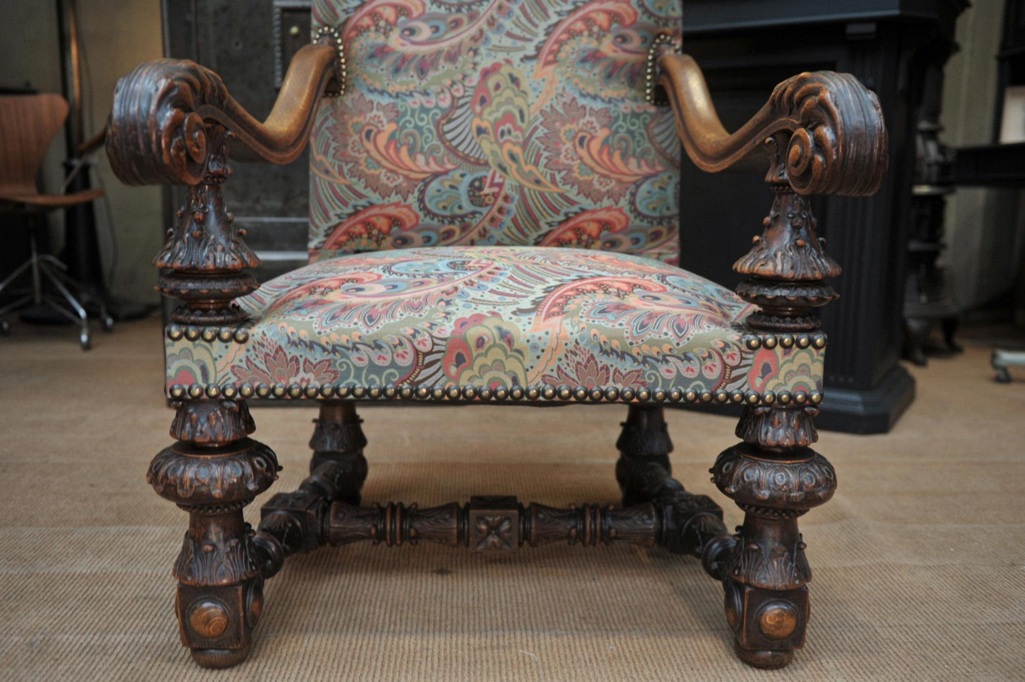 Large Armchair in Solid Oak Newly Reupholstered For Sale 6