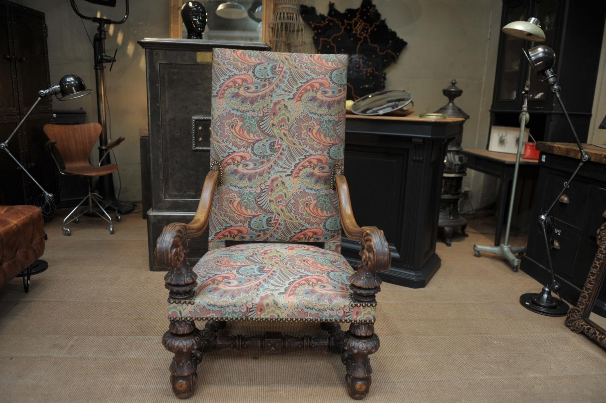 Large Armchair in Solid Oak Newly Reupholstered For Sale 8