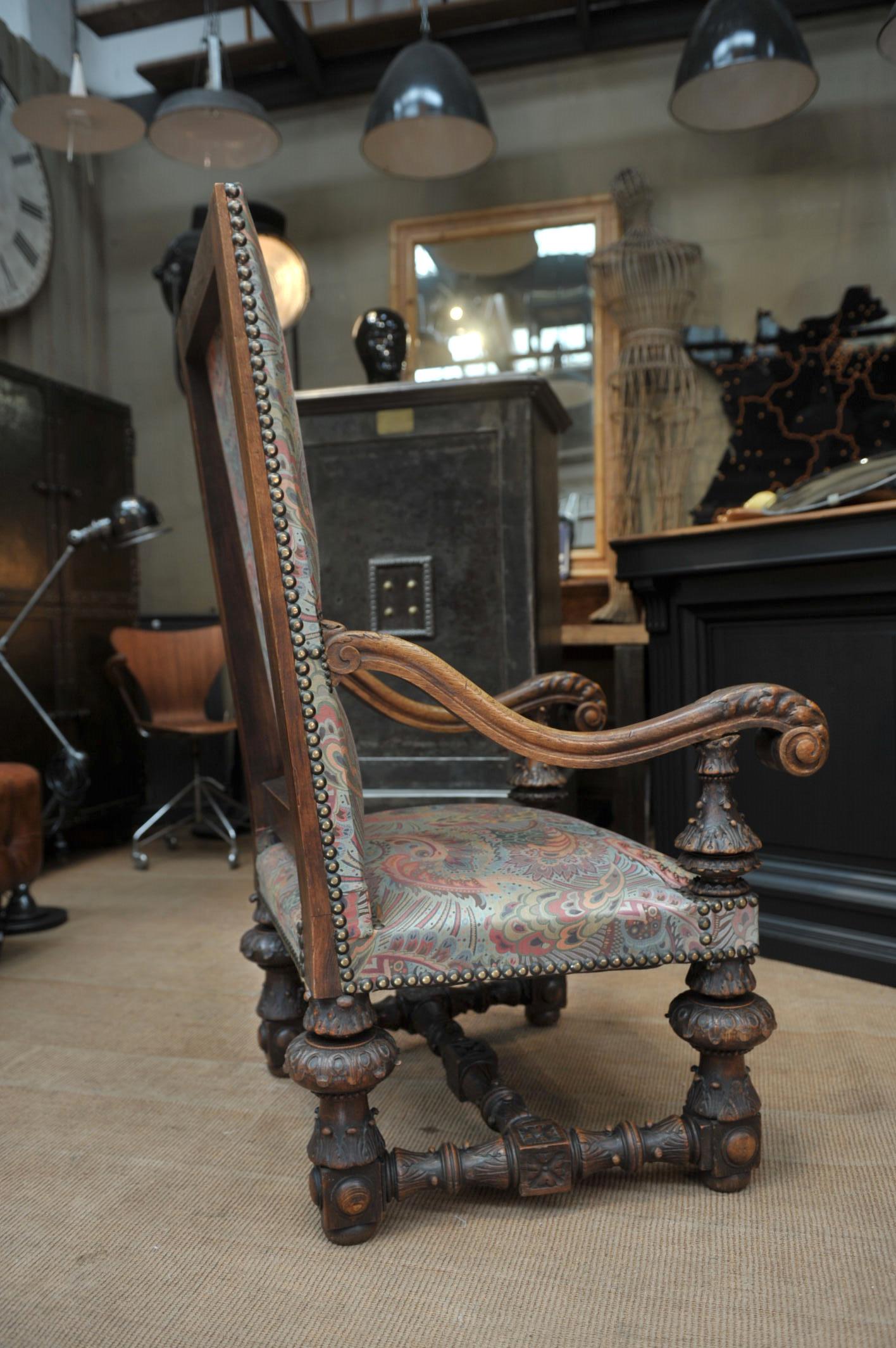French Large Armchair in Solid Oak Newly Reupholstered For Sale