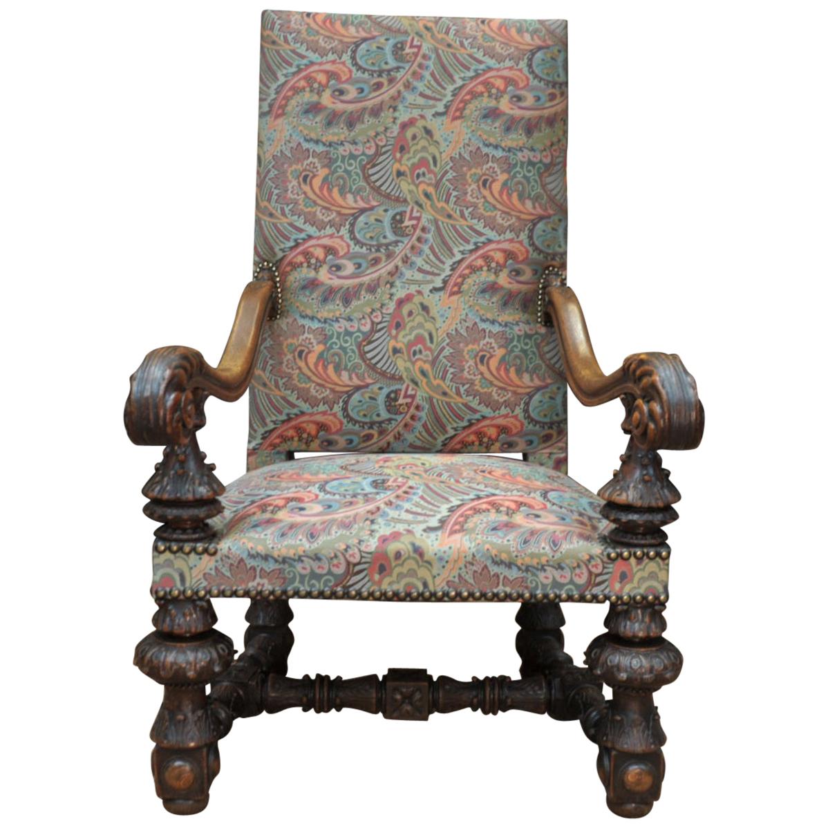 Large Armchair in Solid Oak Newly Reupholstered For Sale