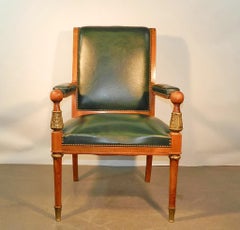 Large armchair in walnut, leather and bronze, Empire style, circa 1930/1950