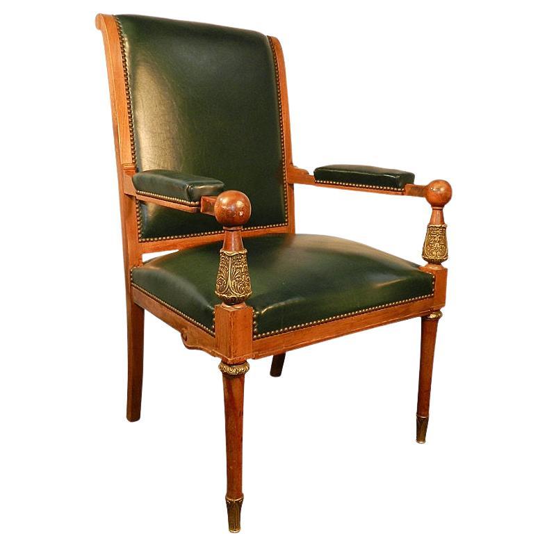 Large armchair in walnut, leather and bronze, Empire style, circa 1930/1950 im Angebot