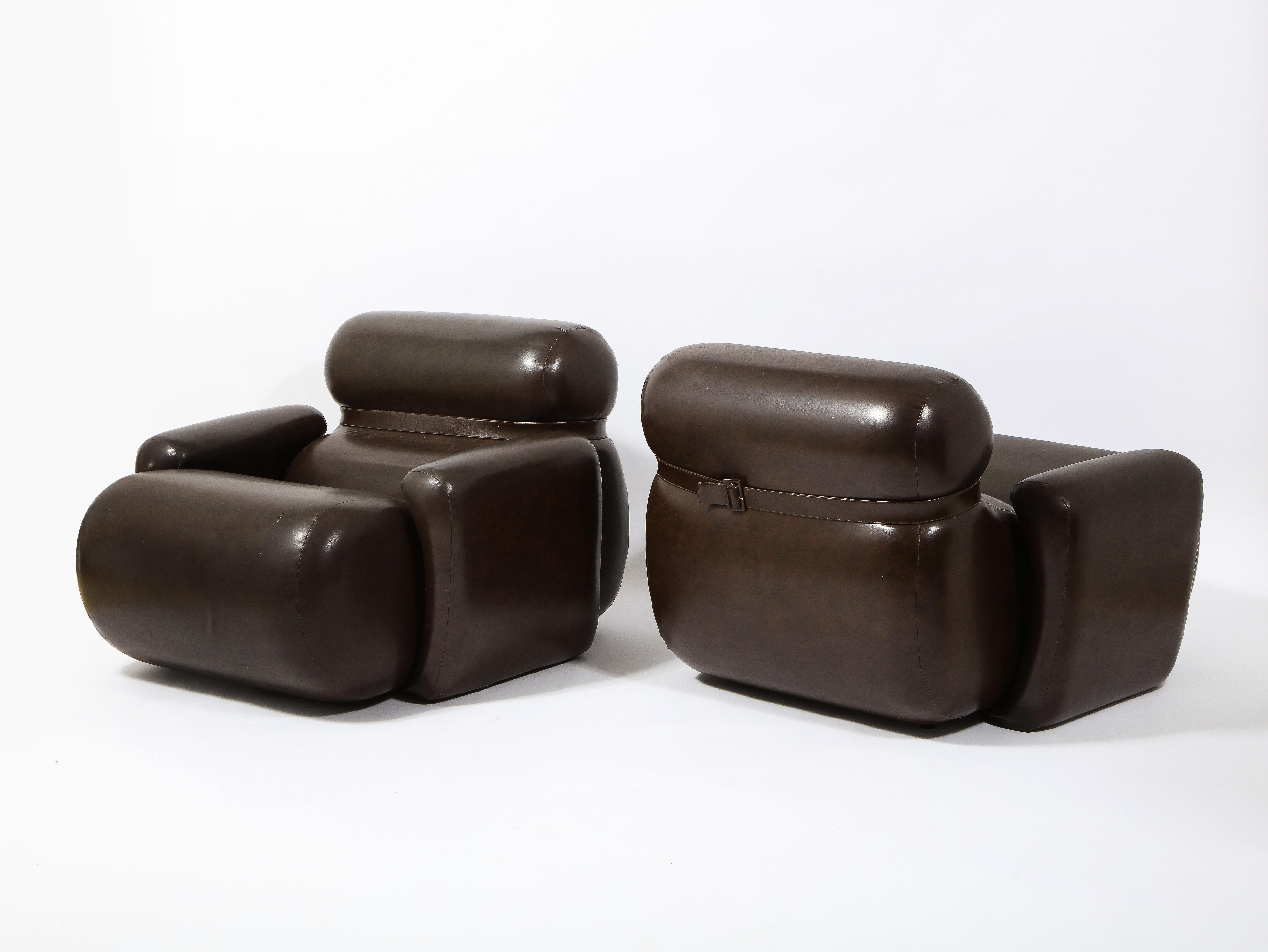 Large Space Age Lounge Chair Armchairs in Dark Brown Vinyl, France 1970's For Sale 4