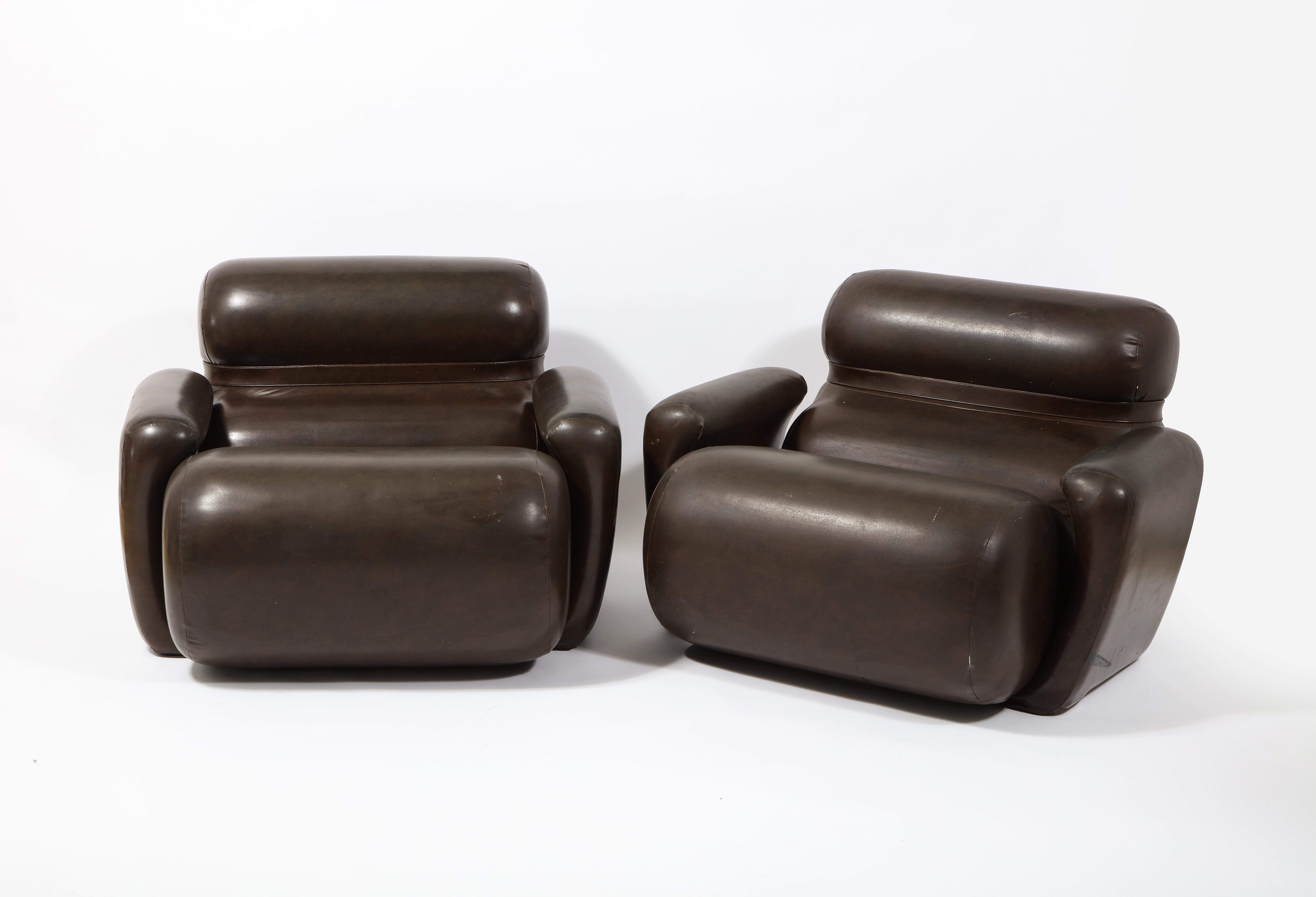French Large Space Age Lounge Chair Armchairs in Dark Brown Vinyl, France 1970's For Sale