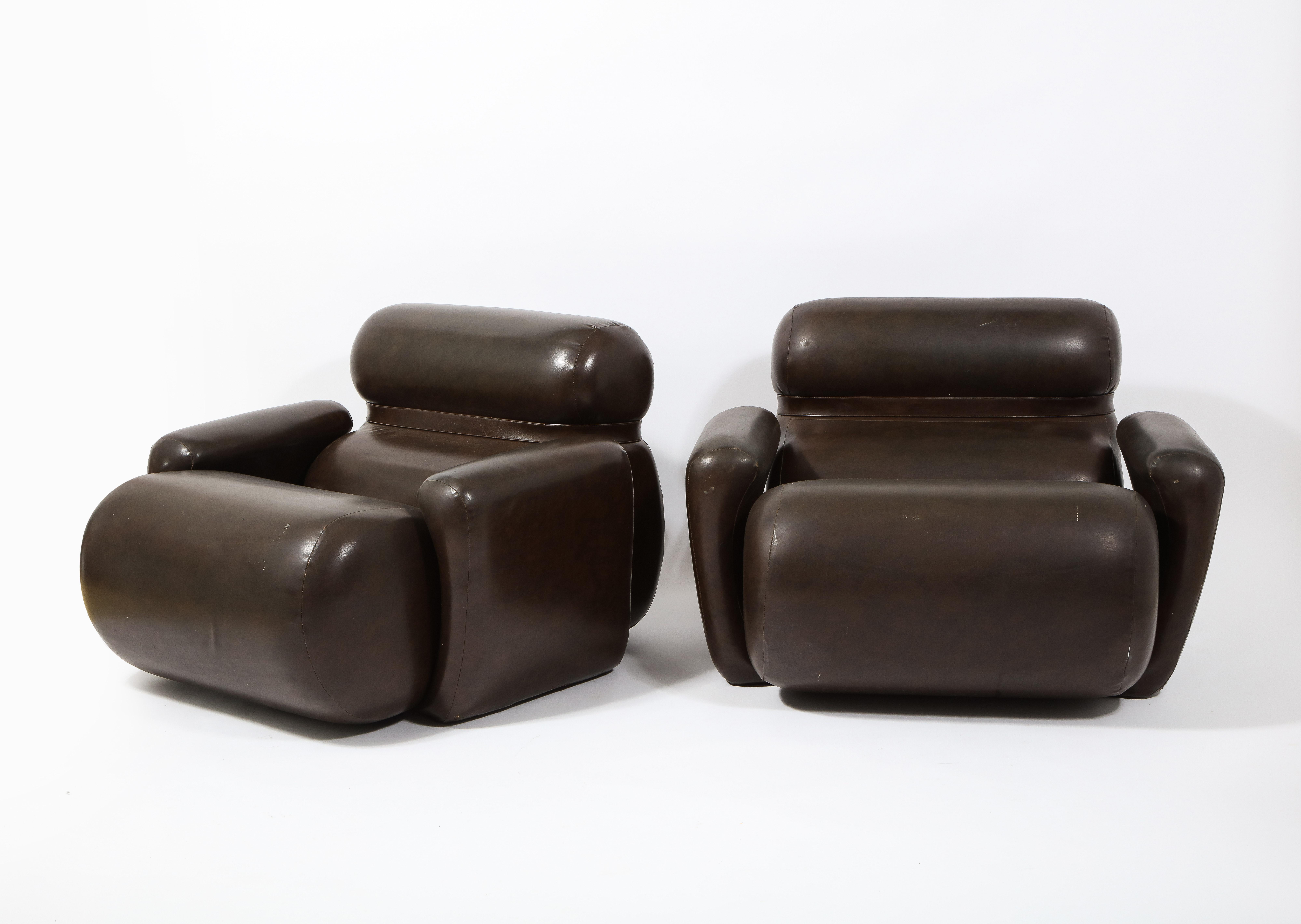 20th Century Large Space Age Lounge Chair Armchairs in Dark Brown Vinyl, France 1970's For Sale