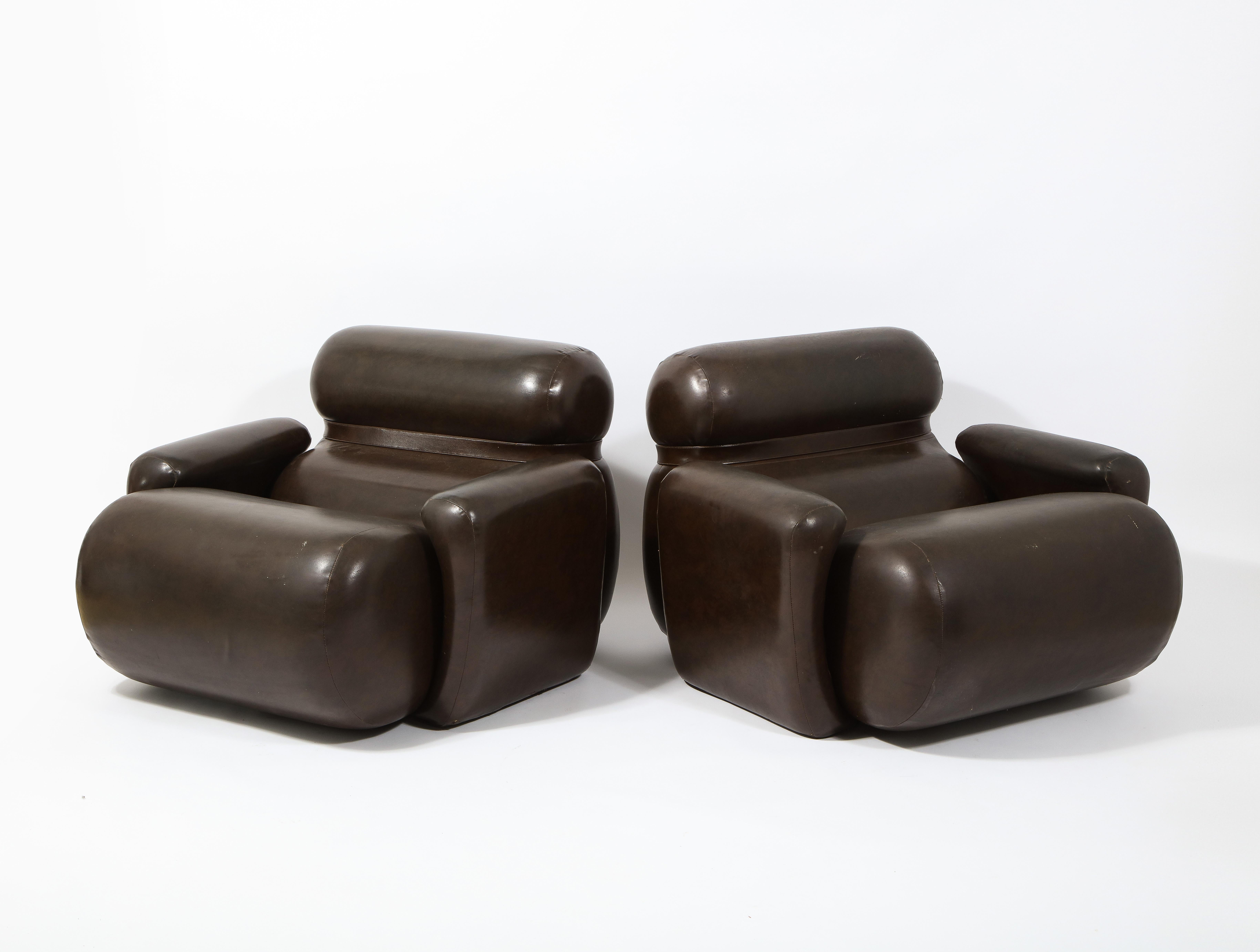 Upholstery Large Space Age Lounge Chair Armchairs in Dark Brown Vinyl, France 1970's For Sale