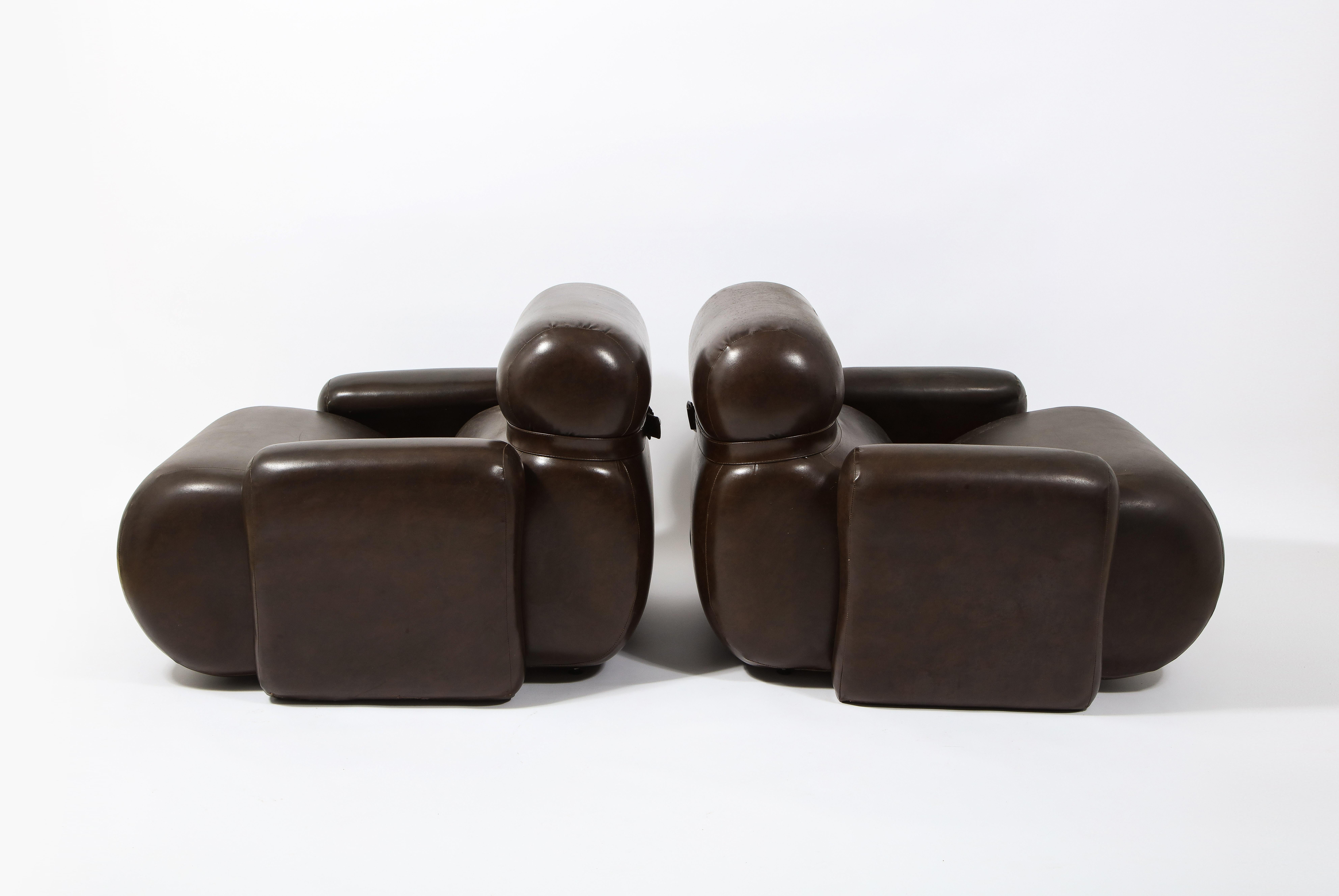 Large Space Age Lounge Chair Armchairs in Dark Brown Vinyl, France 1970's For Sale 2