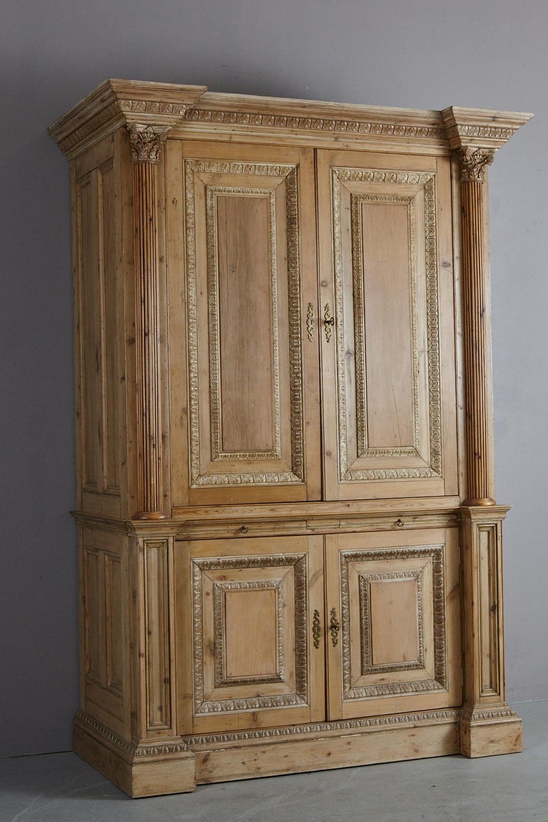 Large Armoire Custom Made from Antique Pine with Mirrored and Glass Shelf Bar For Sale at 1stdibs
