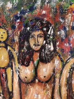 Large Art Brut Outsider Art Painting of Mother and Child by Calogero Etnareff
