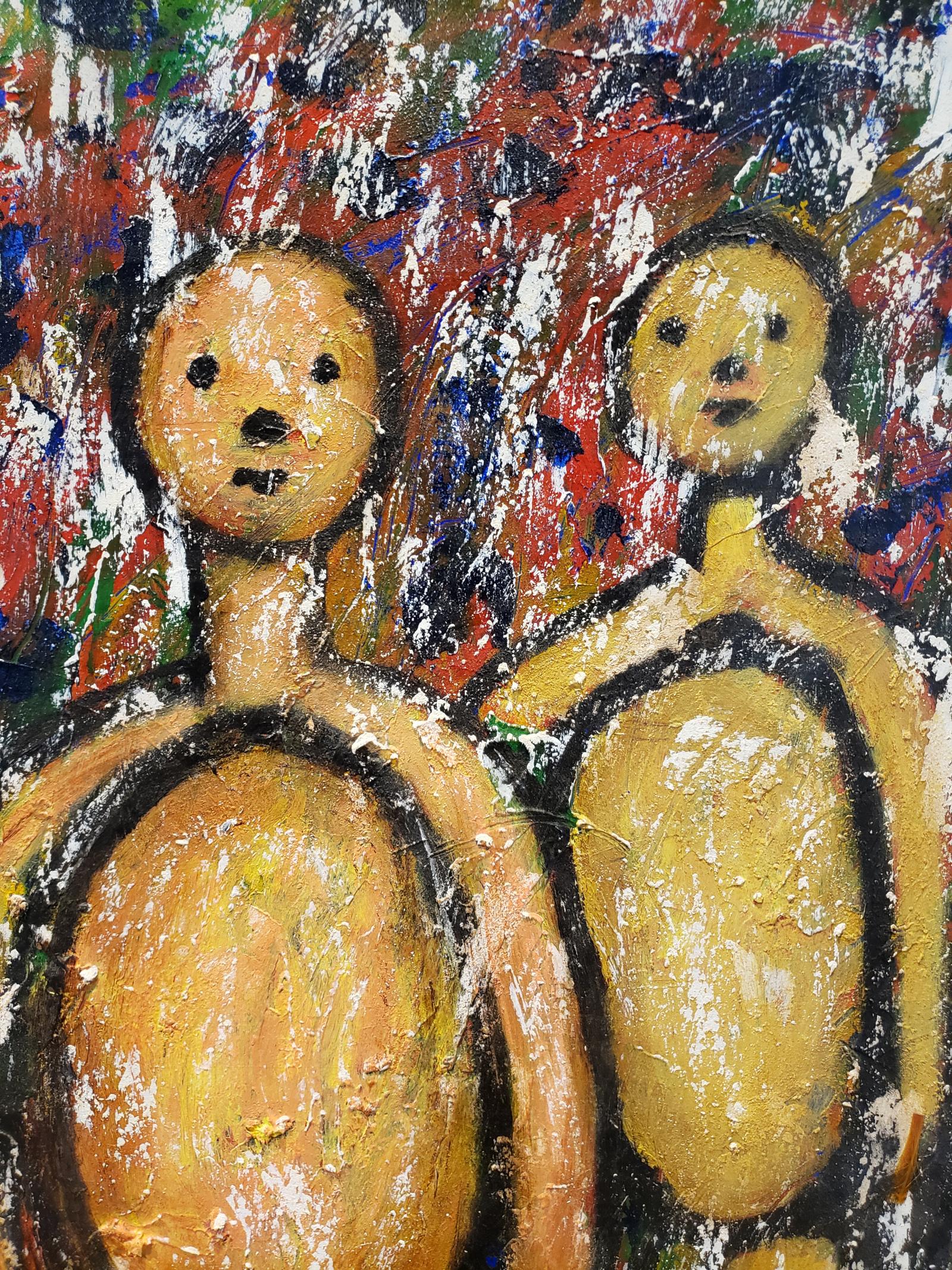 Belgian Large Art Brut Outsider Art Painting of Mother and Child by Calogero Etnareff For Sale