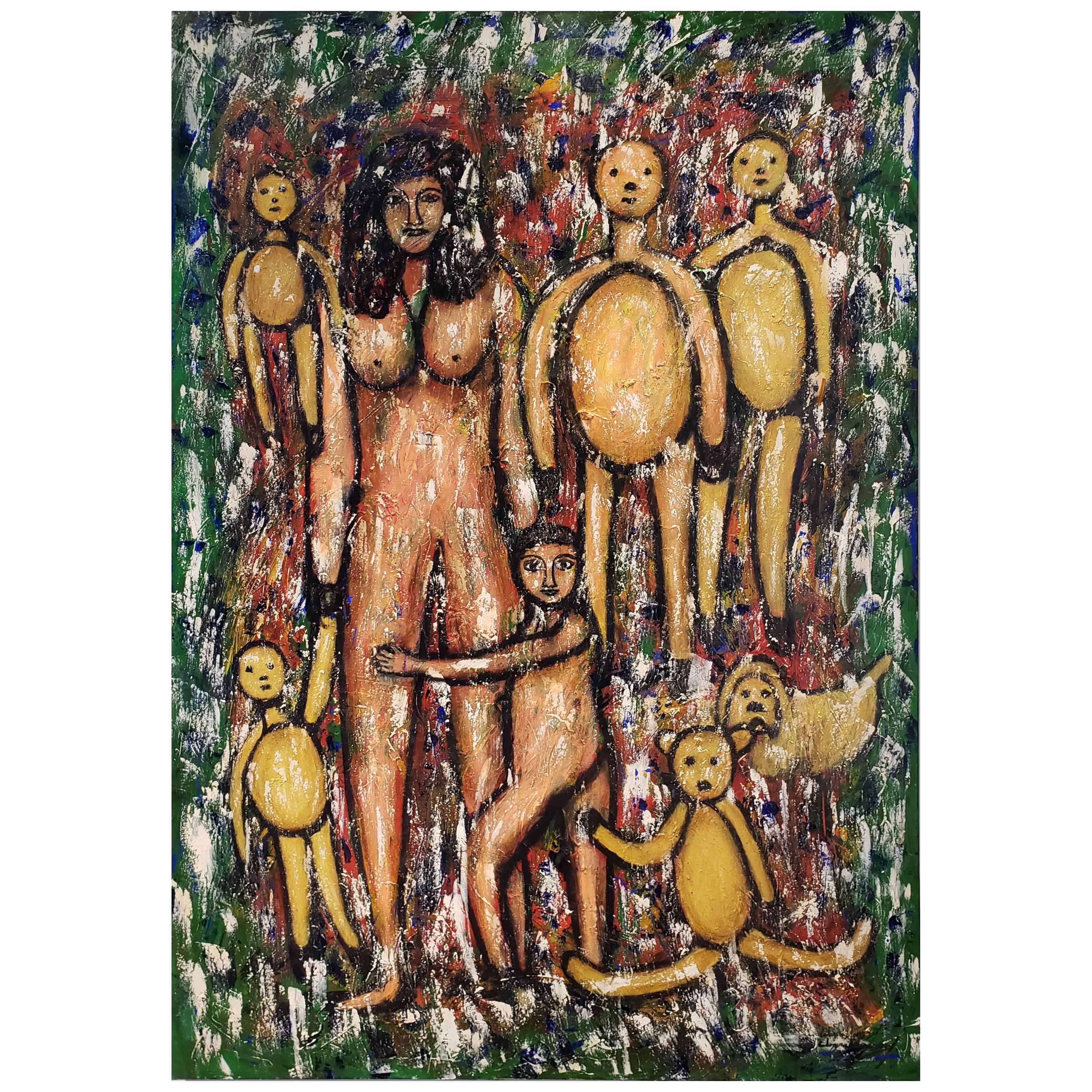 Large Art Brut Outsider Art Painting of Mother and Child by Calogero Etnareff For Sale