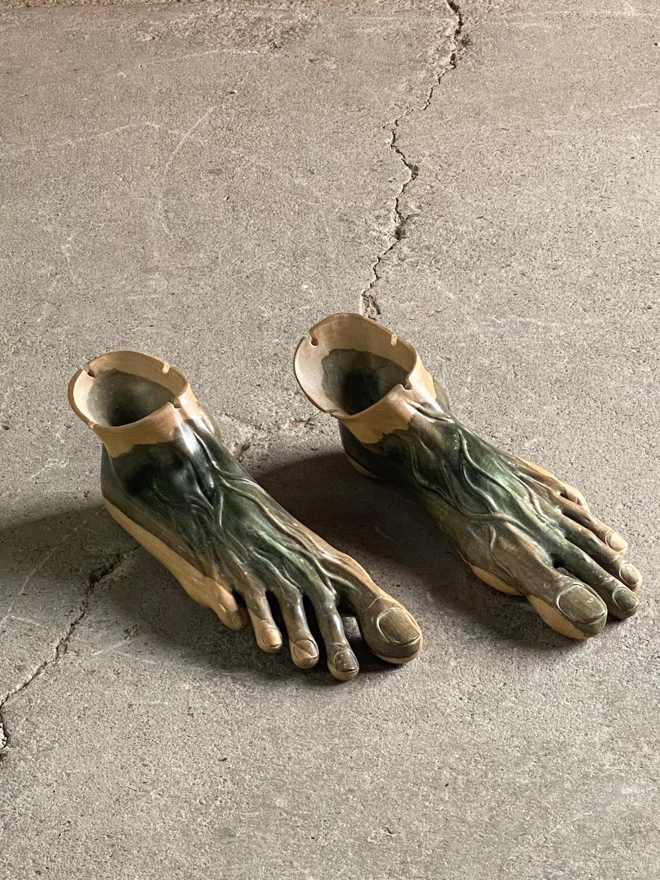 Sycamore Large Art Carved Feet Sculptures or Ashtrays, France, Circa 1970s