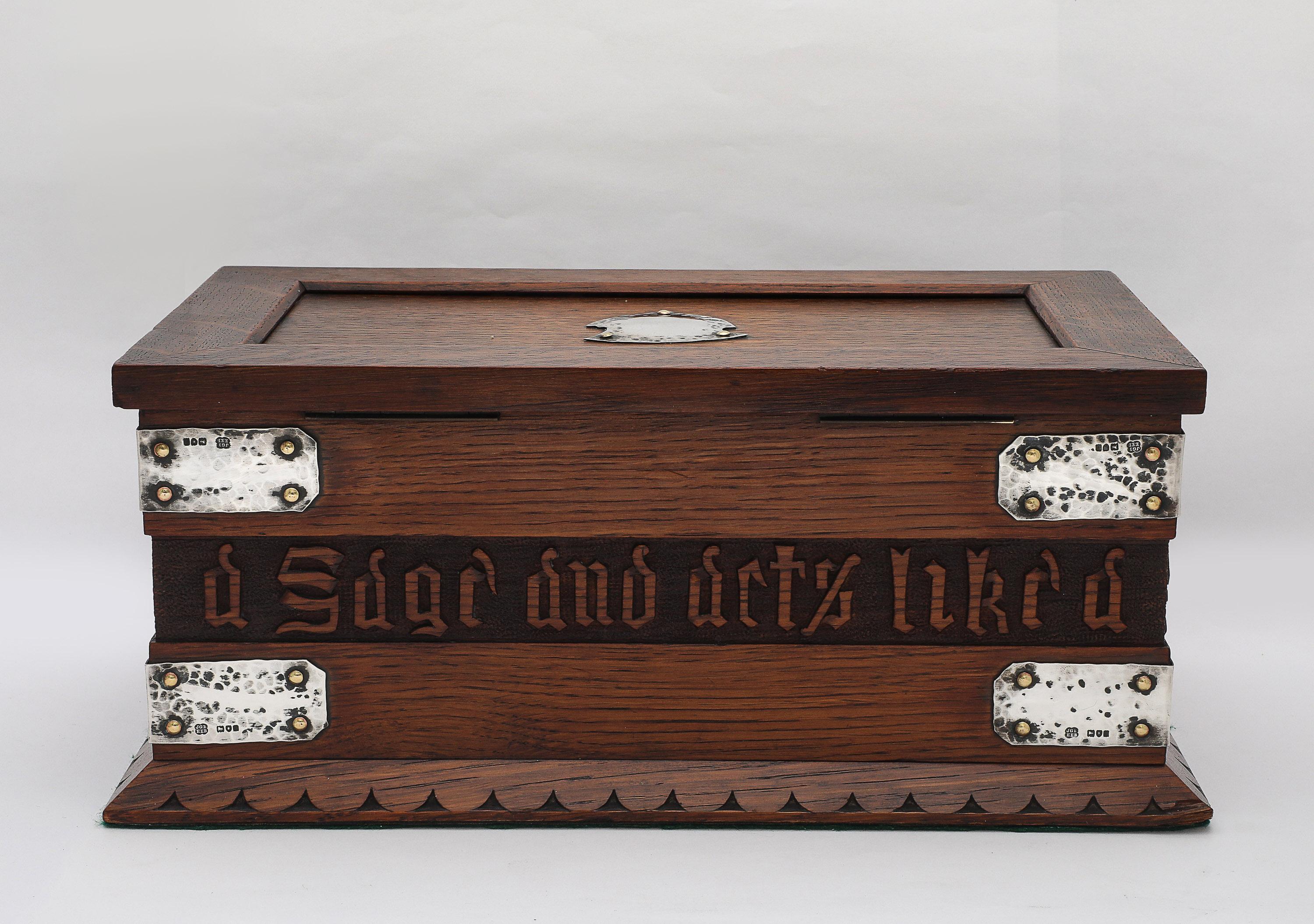 Large Art & Crafts Sterling Silver-Mounted Cigar/Cigarette Box With Hinged Lid For Sale 5