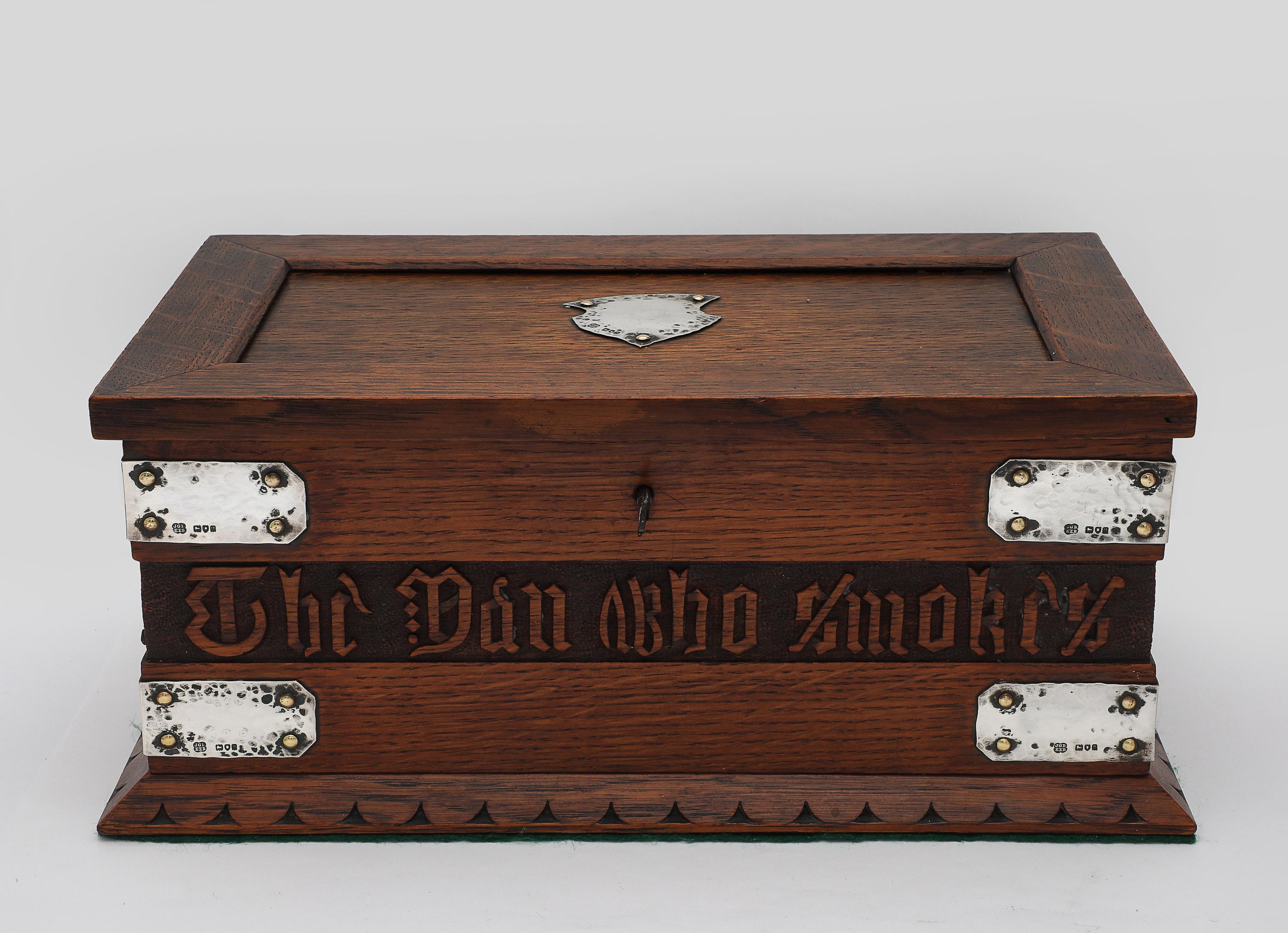 Arts and Crafts Large Art & Crafts Sterling Silver-Mounted Cigar/Cigarette Box With Hinged Lid For Sale