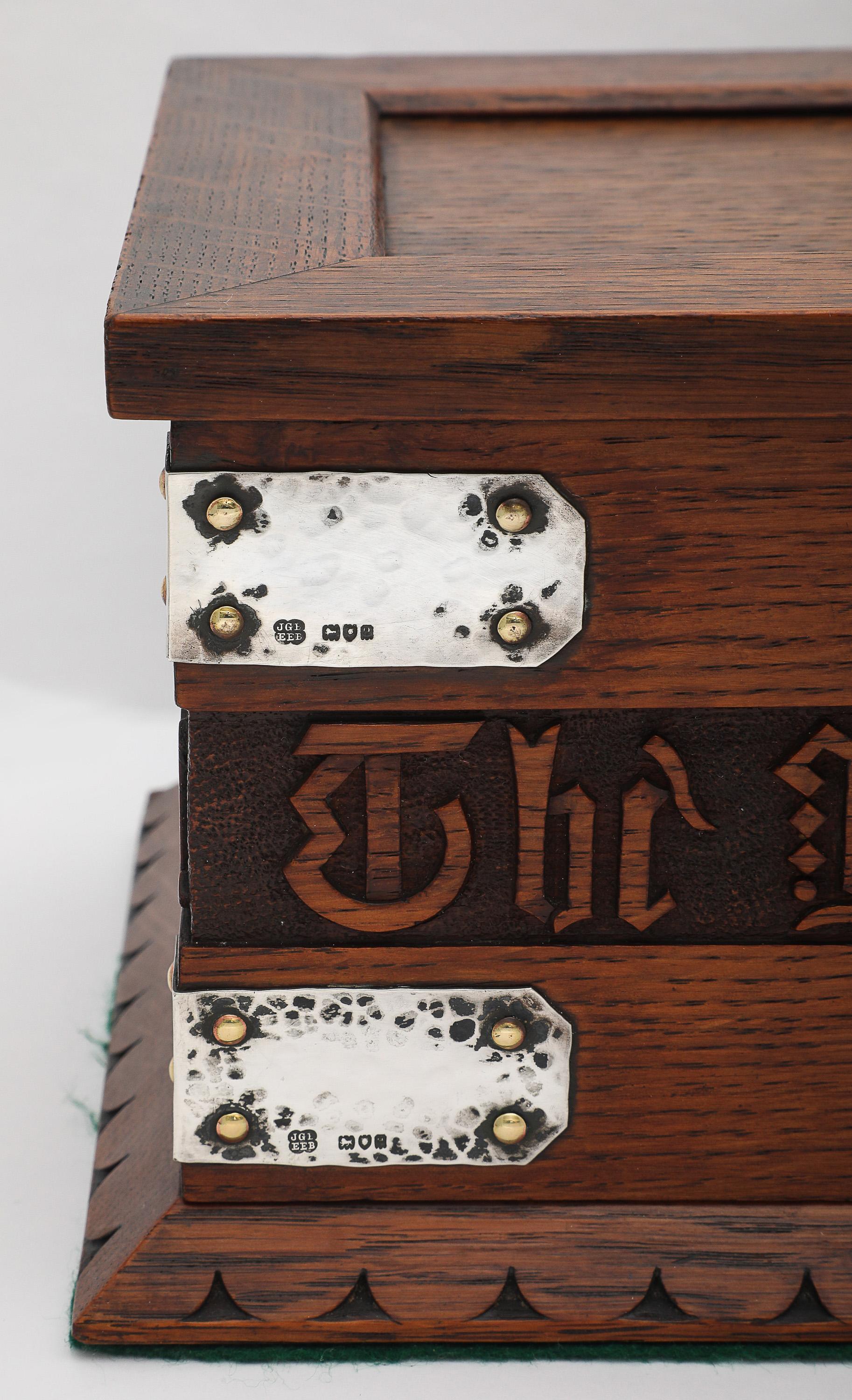 English Large Art & Crafts Sterling Silver-Mounted Cigar/Cigarette Box With Hinged Lid For Sale