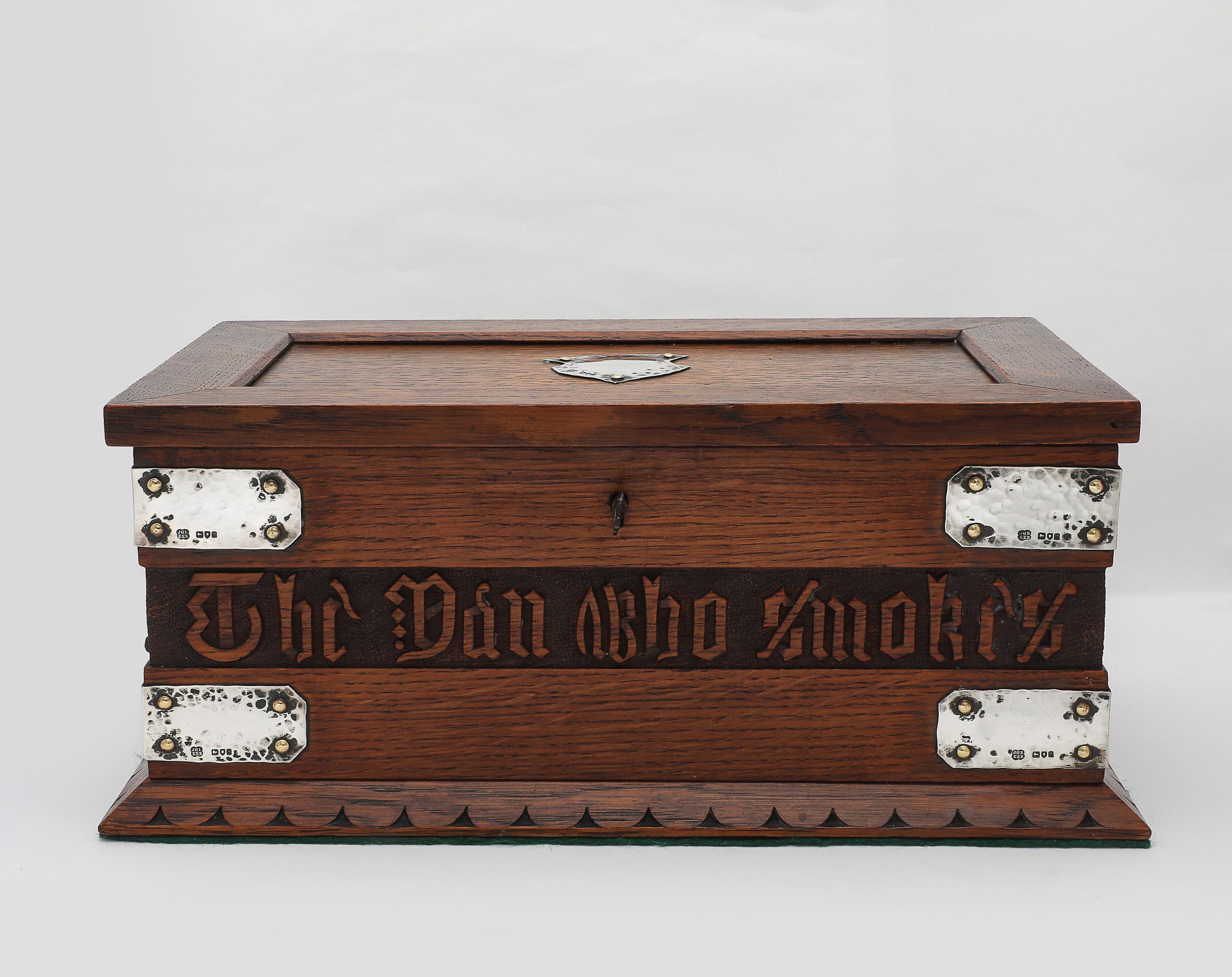 Large Art & Crafts Sterling Silver-Mounted Cigar/Cigarette Box With Hinged Lid For Sale 1