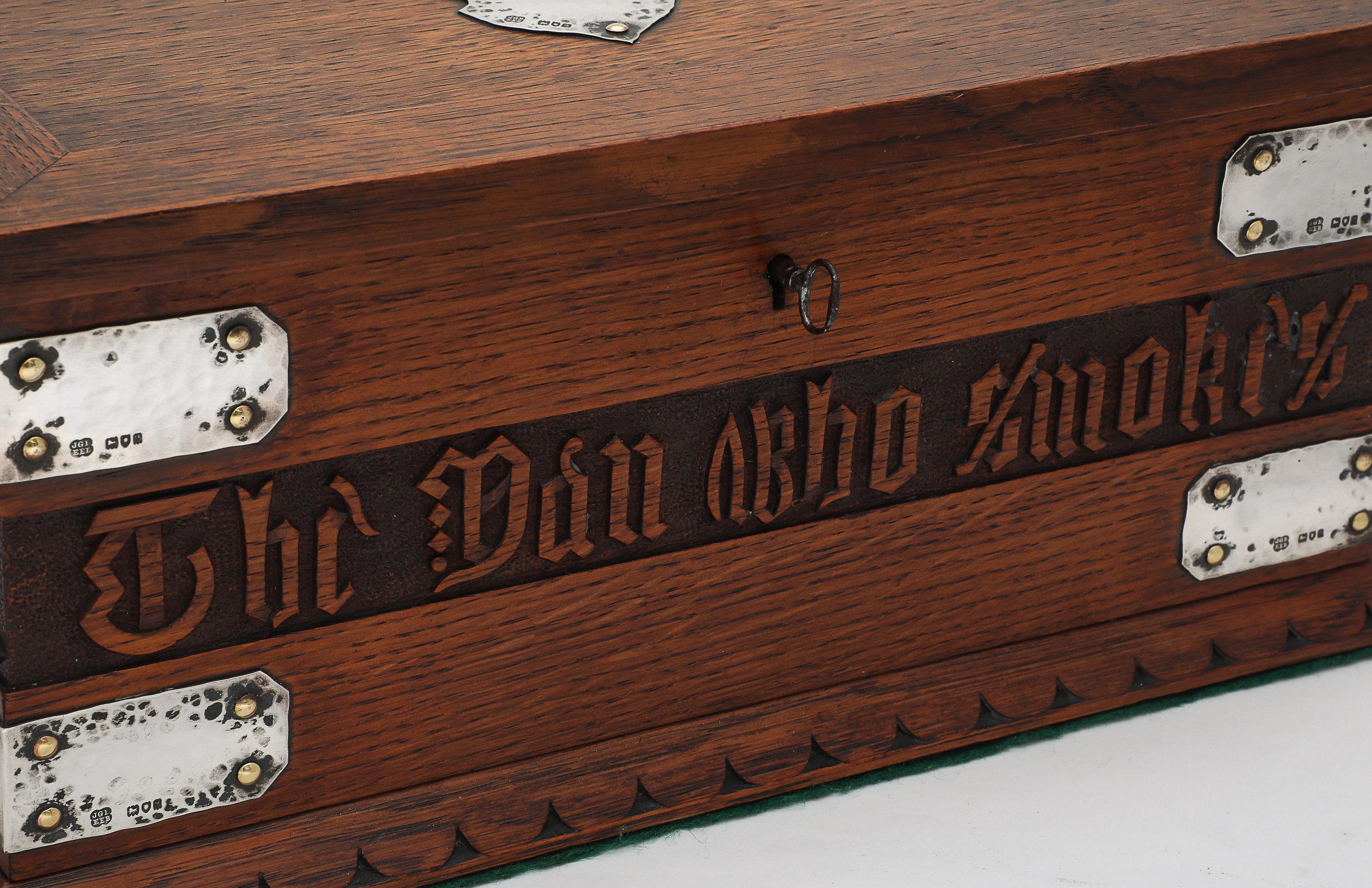 Large Art & Crafts Sterling Silver-Mounted Cigar/Cigarette Box With Hinged Lid For Sale 3