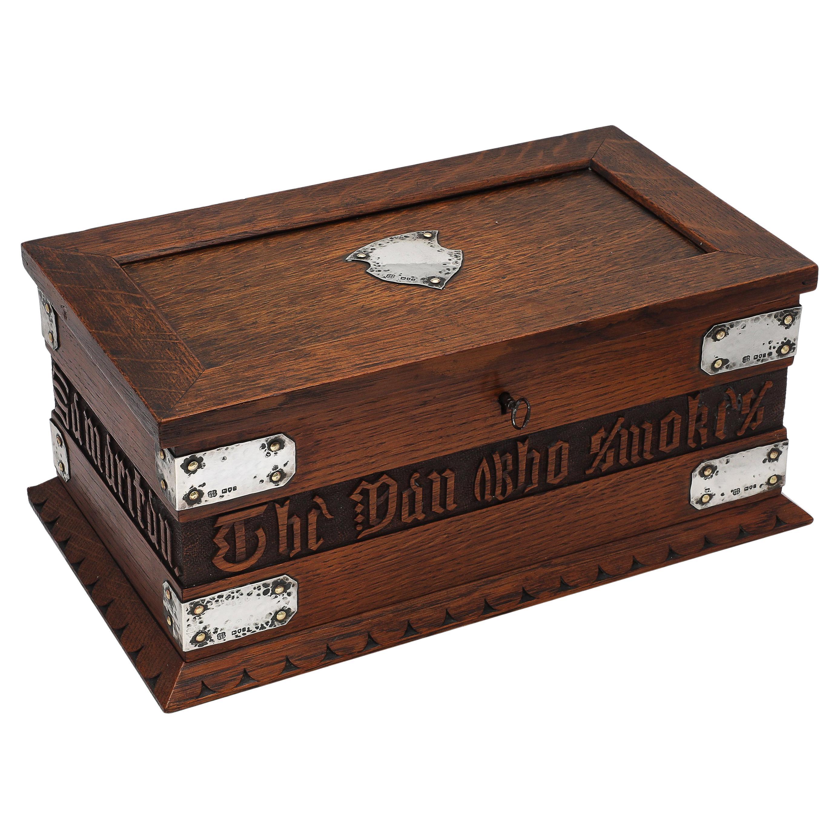 Large Art & Crafts Sterling Silver-Mounted Cigar/Cigarette Box With Hinged Lid For Sale