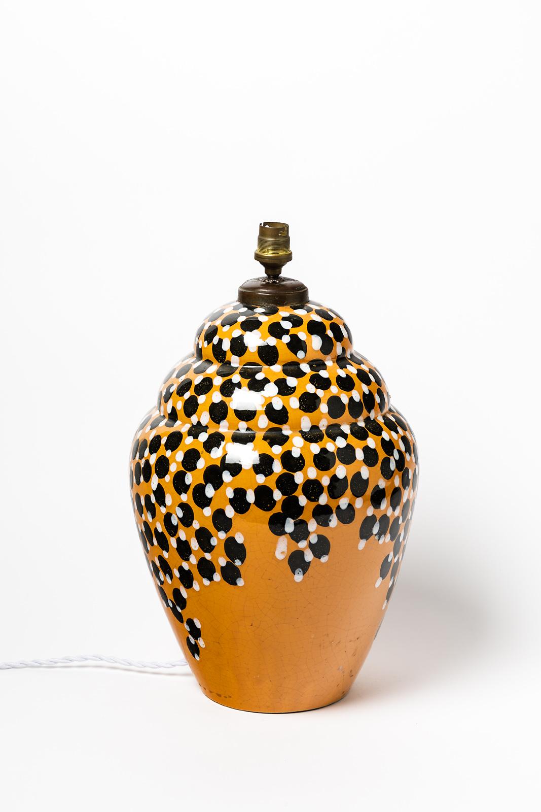 French Large Art Deco 1930 Orange Black and White Ceramic Table Lamp Style of Primavera