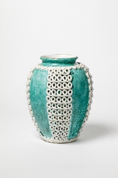 Large art deco 20th century white and green ceramic vase by Gustave Asch 32 cm