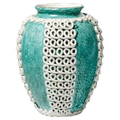 Grand vase art déco du 20ème siècle en céramique blanche et verte de Gustave Asch 32 cm