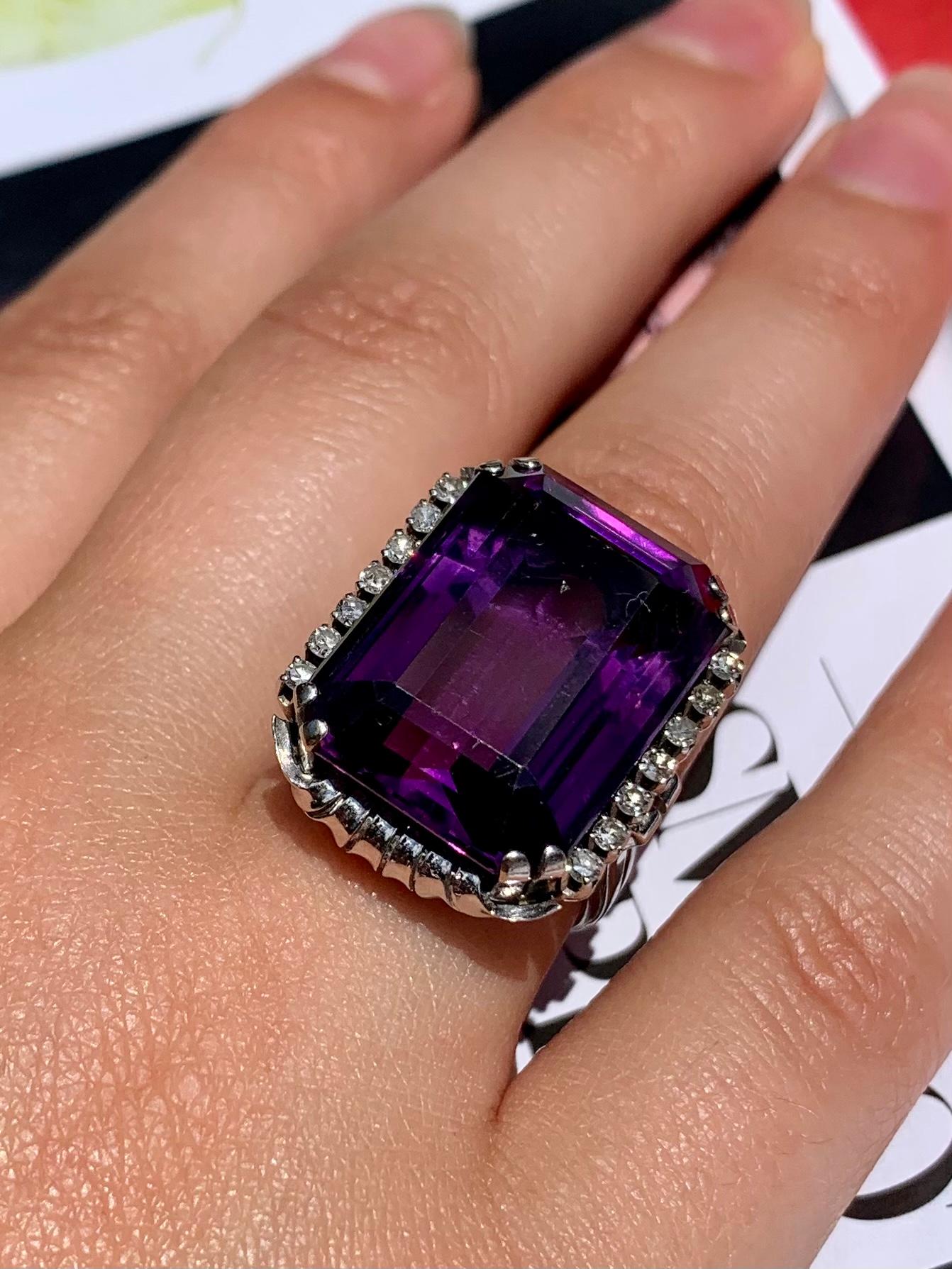 Emerald Cut Large Art Deco 22.5 Carat Amethyst, Diamond 18K White Gold Cocktail Ring For Sale