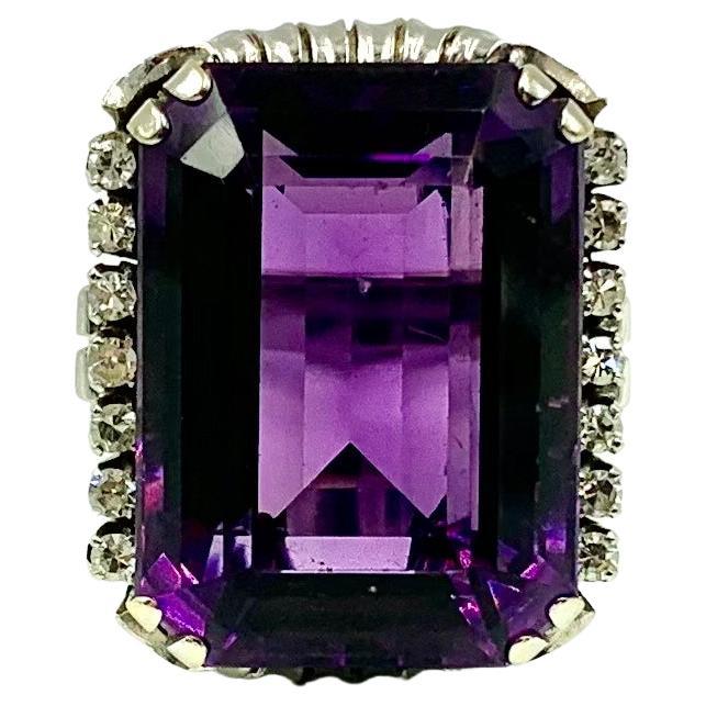 Large Art Deco 22.5 Carat Amethyst, Diamond 18K White Gold Cocktail Ring For Sale