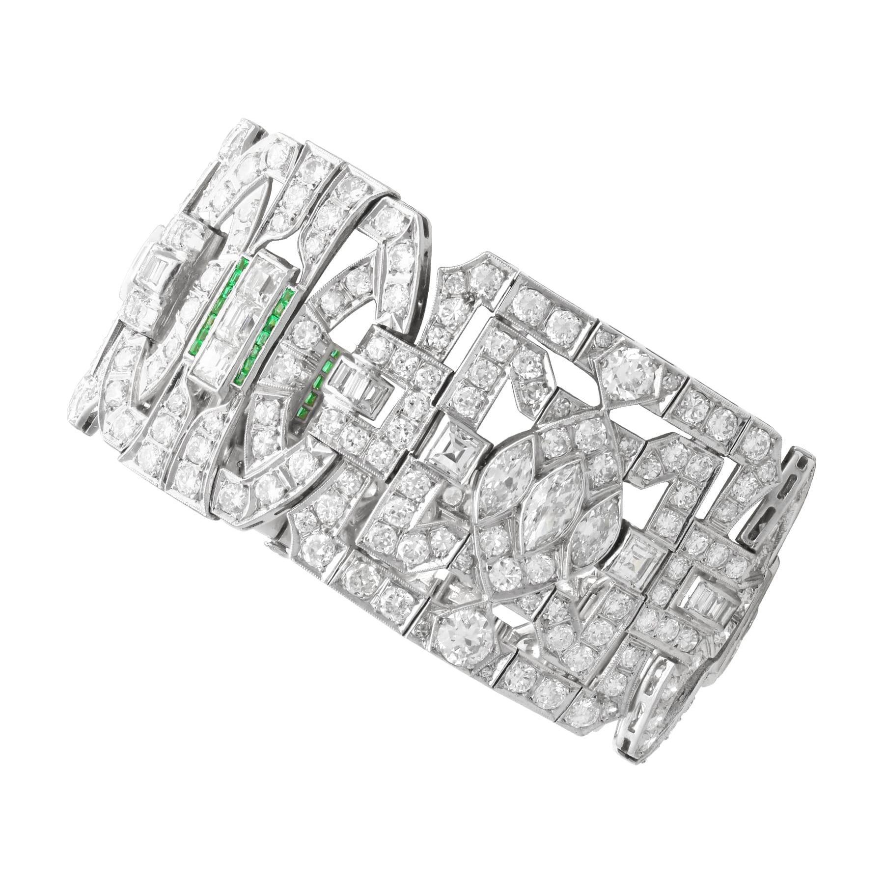 Large Art Deco 33.25ct Diamond Bracelet in Platinum with Emeralds