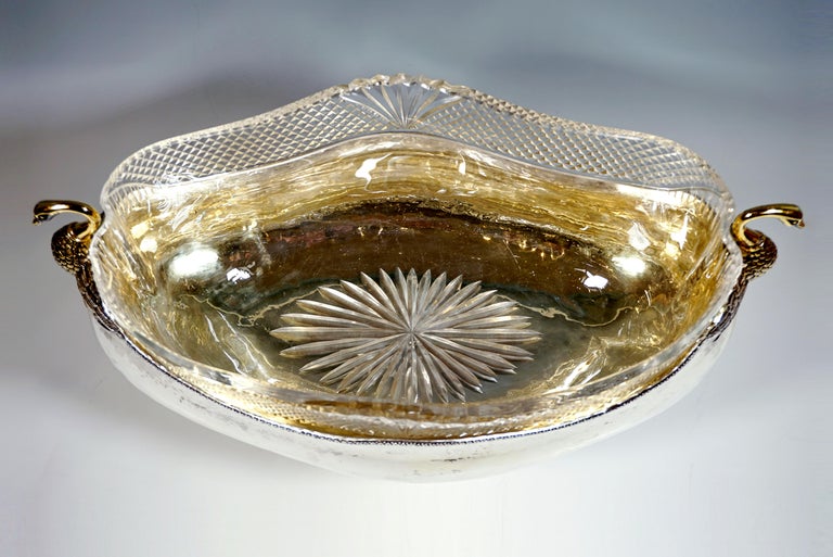 German Large Art Deco 925 Silver Jardiniere with Swan Busts and Cut Glass Liner,ca 1920 For Sale