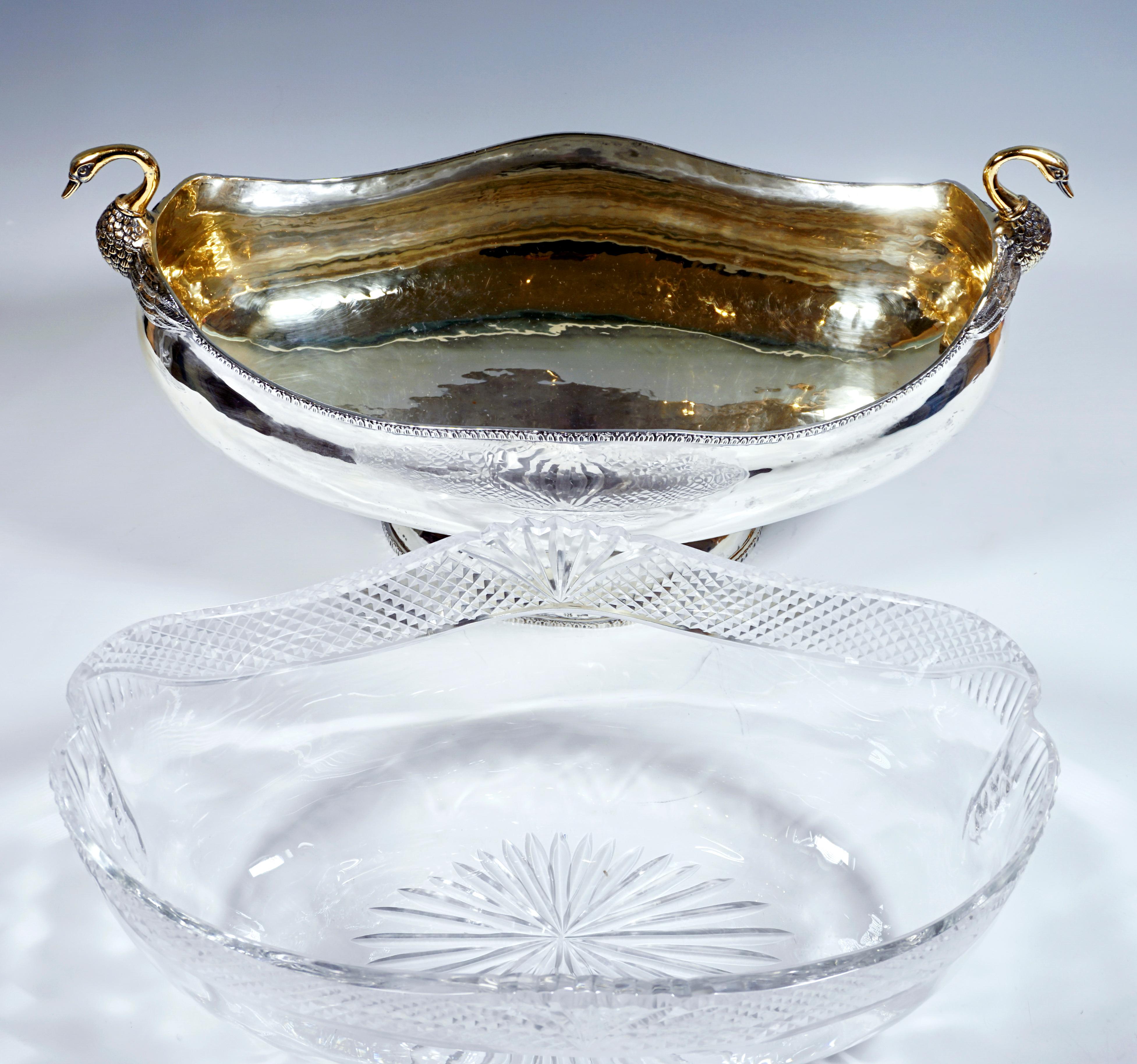 Early 20th Century Large Art Deco 925 Silver Jardiniere with Swan Busts and Cut Glass Liner, ca 1920