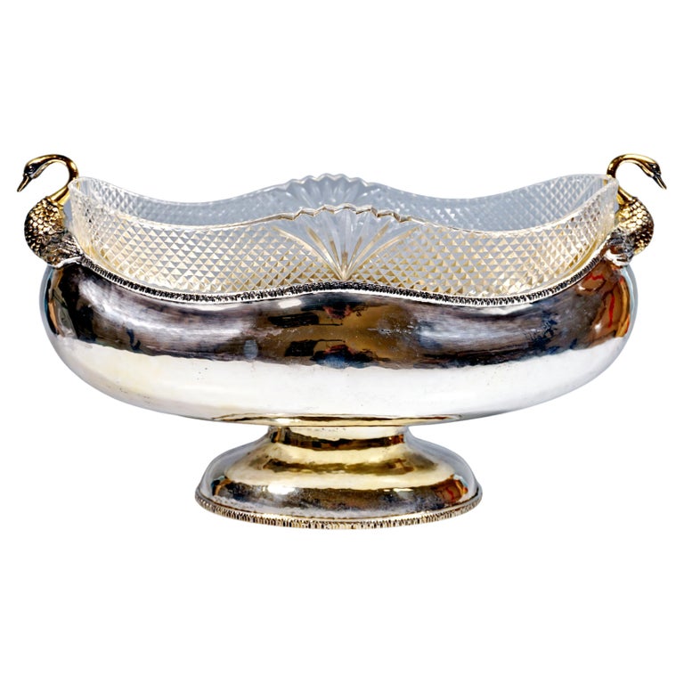Large Art Deco 925 Silver Jardiniere with Swan Busts and Cut Glass Liner,ca 1920 For Sale