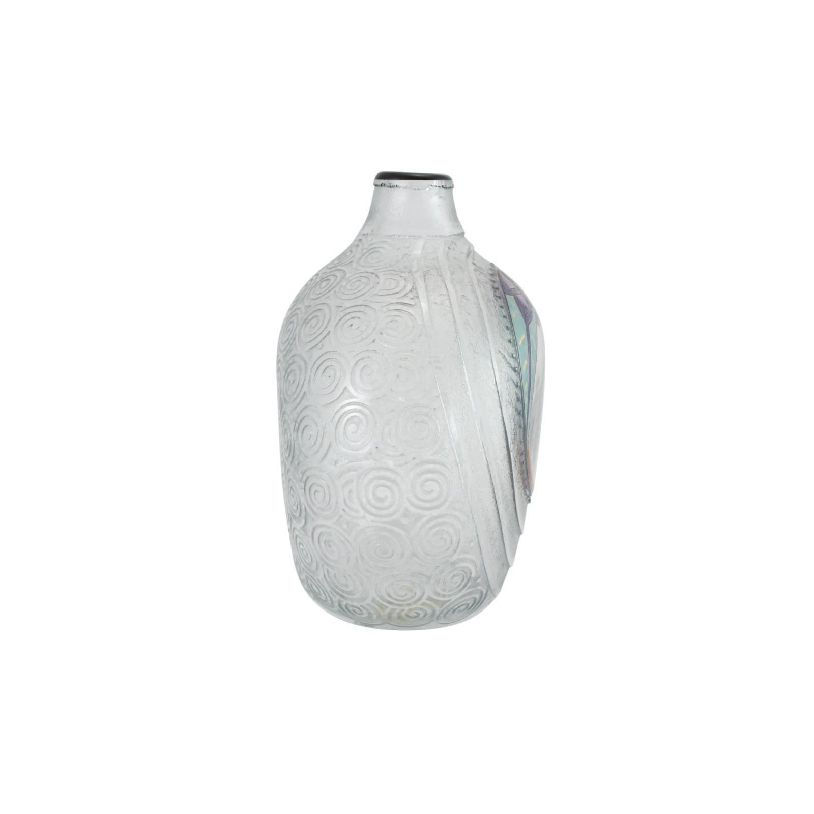 French Large Art Deco Acid Etched Glass Vase by Andre Delatte with Hand-Painted Enamel For Sale