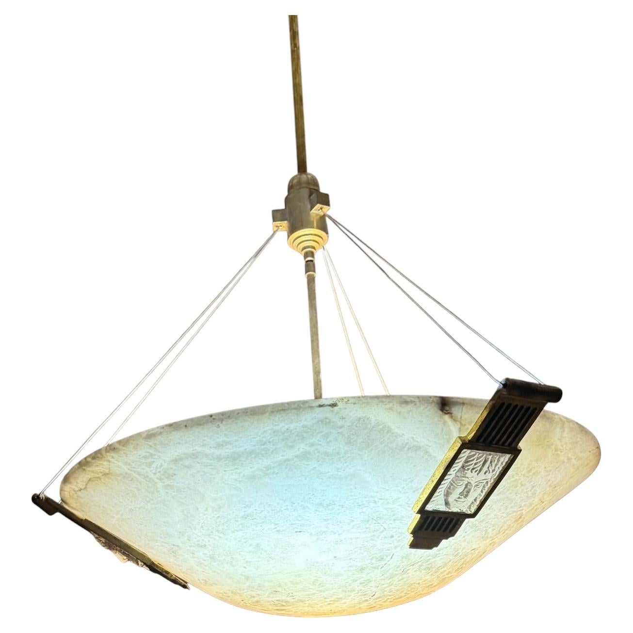 Large Art Deco Alabaster Dome Pendant Chandelier Glass Figures For Sale