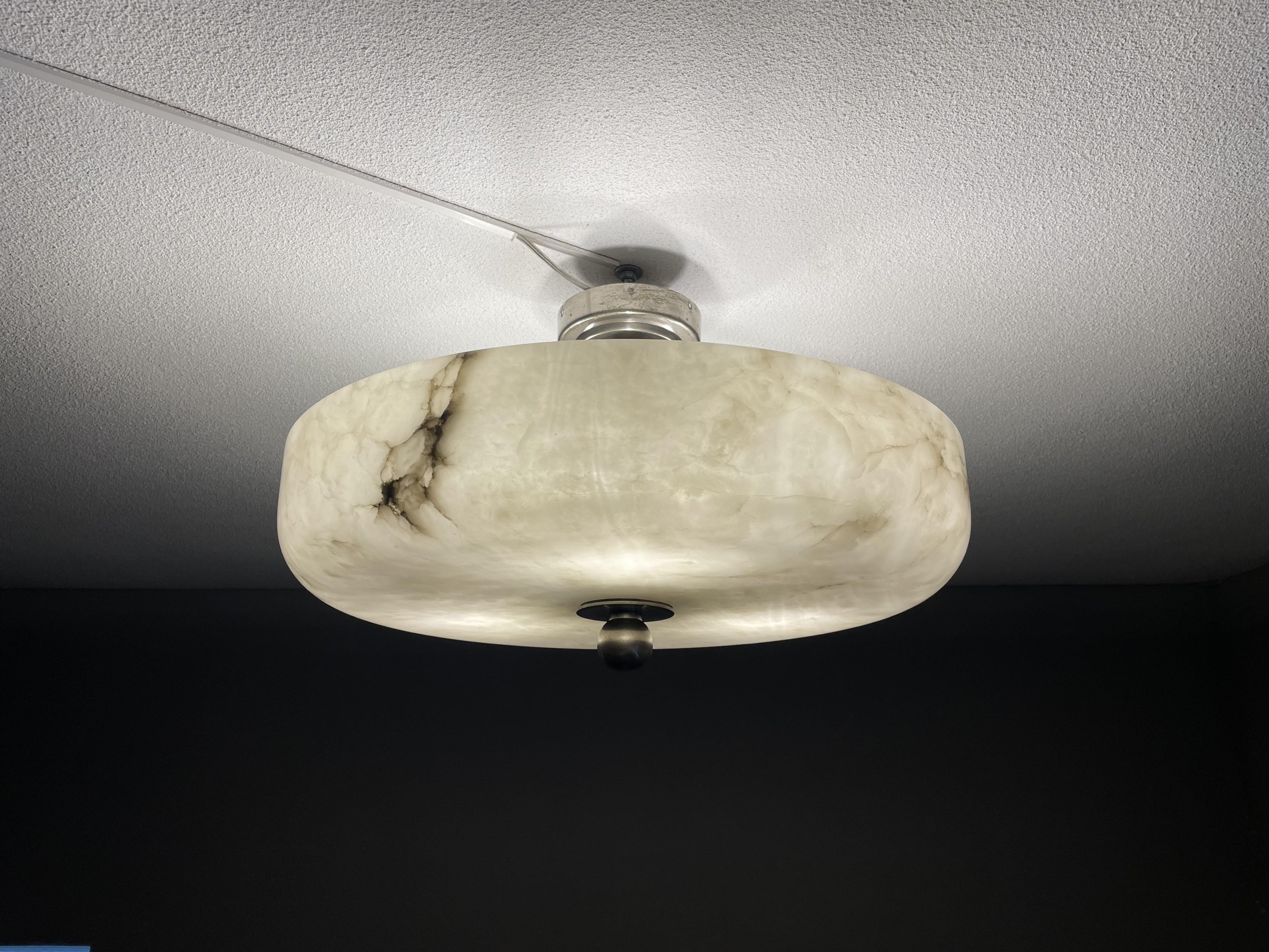 Large Art Deco Alabaster Flush Mount w. Nickel Plated Canopy, Rod & Finial 1910s 3