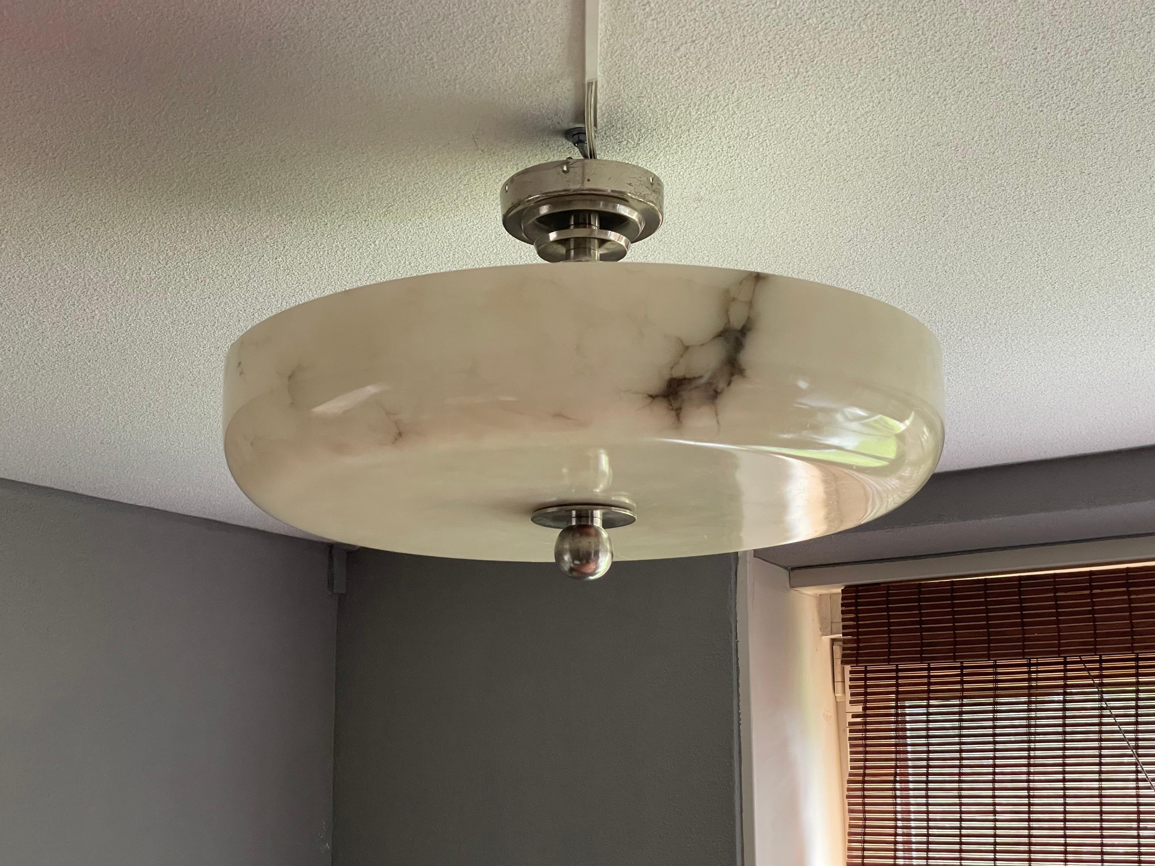 Large Art Deco Alabaster Flush Mount w. Nickel Plated Canopy, Rod & Finial 1910s 4