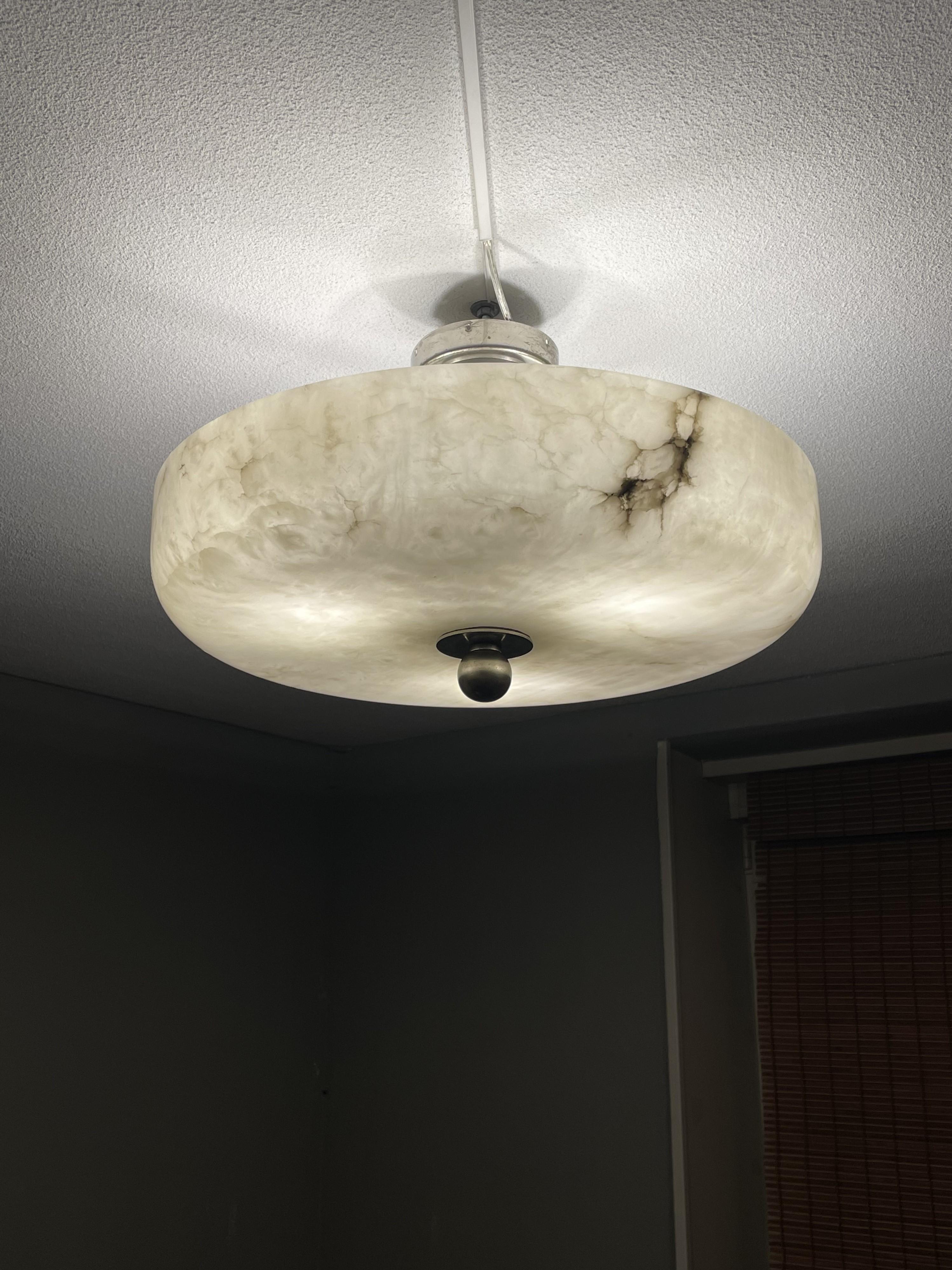 Large Art Deco Alabaster Flush Mount w. Nickel Plated Canopy, Rod & Finial 1910s 5