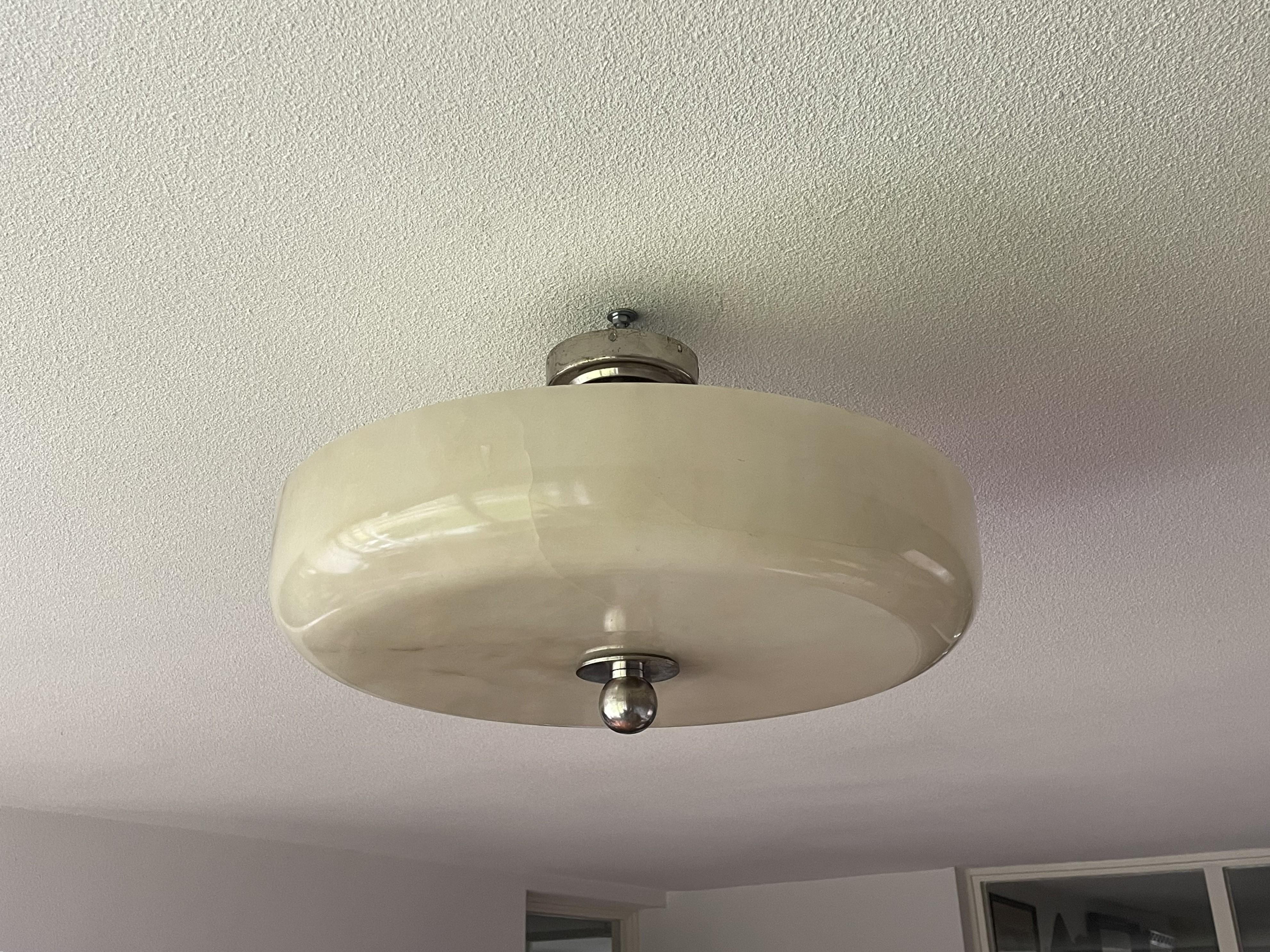 Large Art Deco Alabaster Flush Mount w. Nickel Plated Canopy, Rod & Finial 1910s 6
