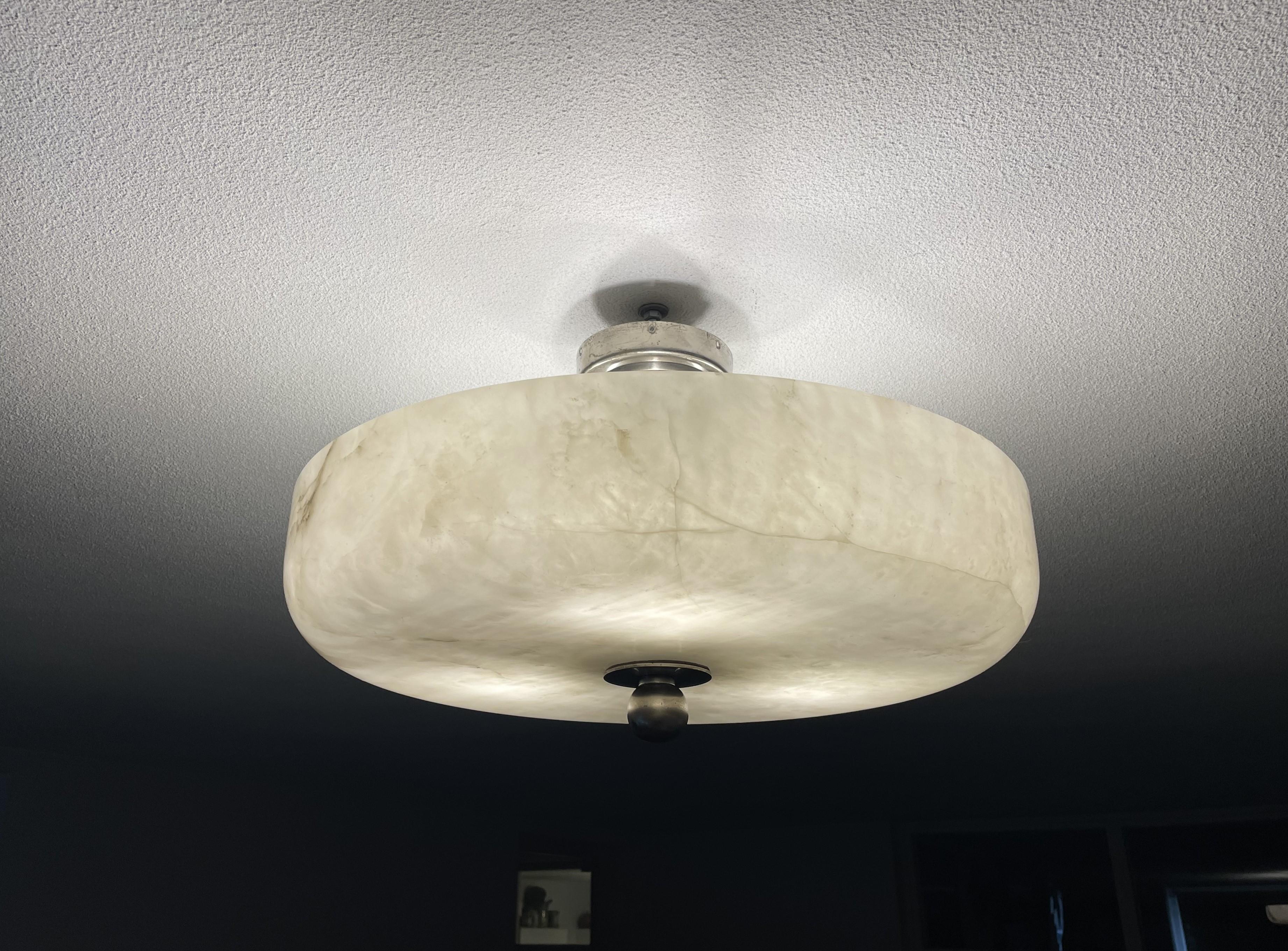 Large Art Deco Alabaster Flush Mount w. Nickel Plated Canopy, Rod & Finial 1910s 7