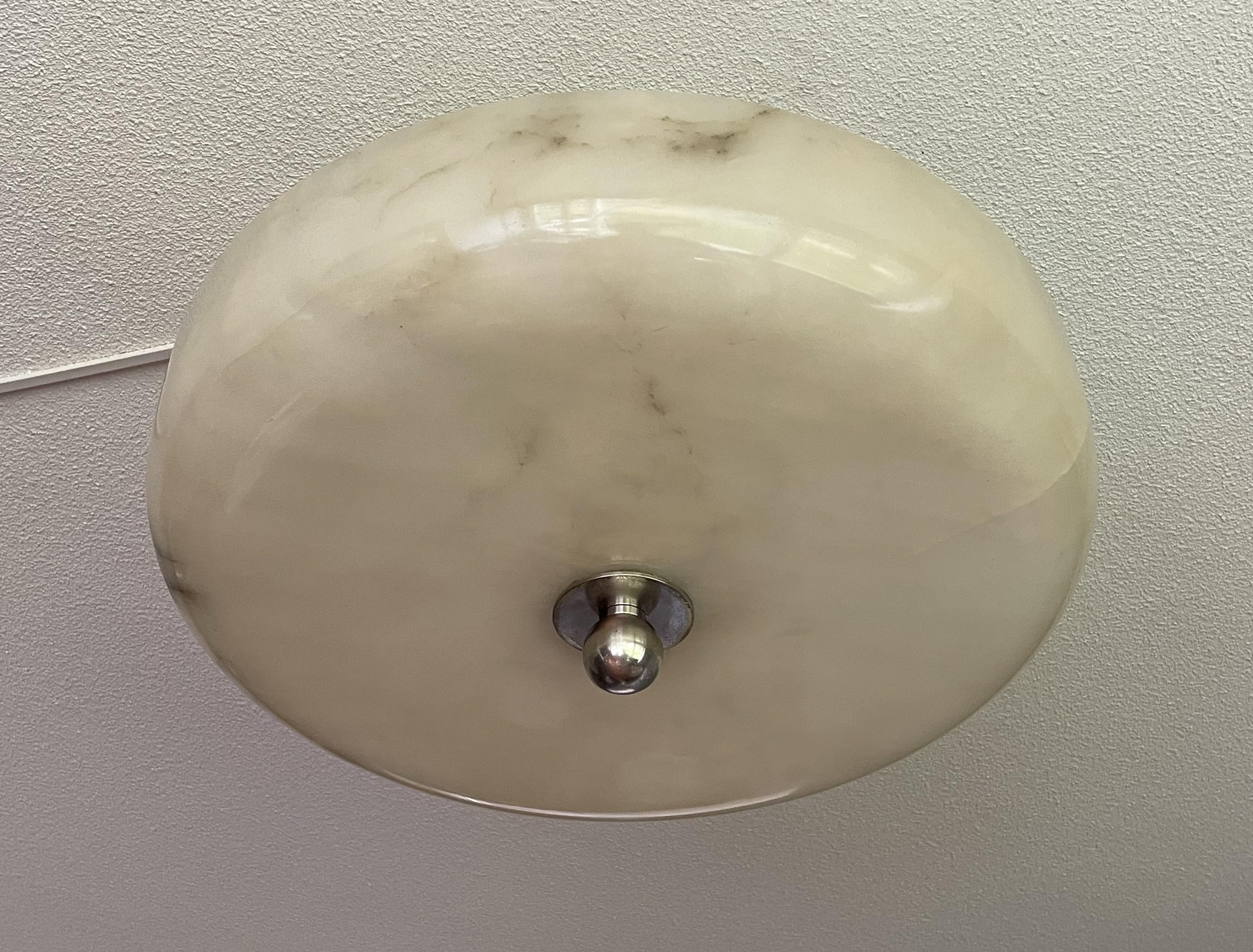 Large Art Deco Alabaster Flush Mount w. Nickel Plated Canopy, Rod & Finial 1910s 8