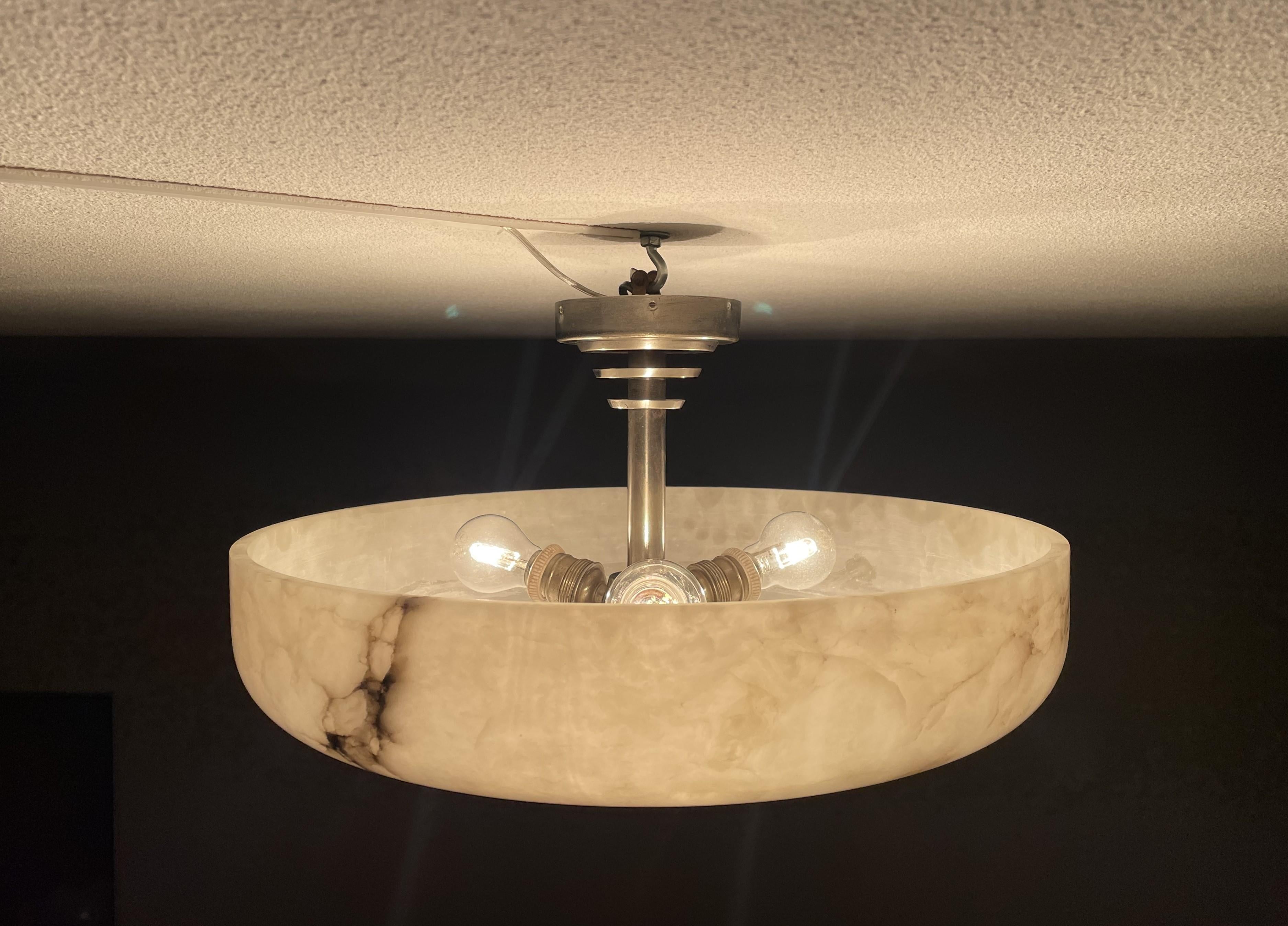 Large Art Deco Alabaster Flush Mount w. Nickel Plated Canopy, Rod & Finial 1910s For Sale 9